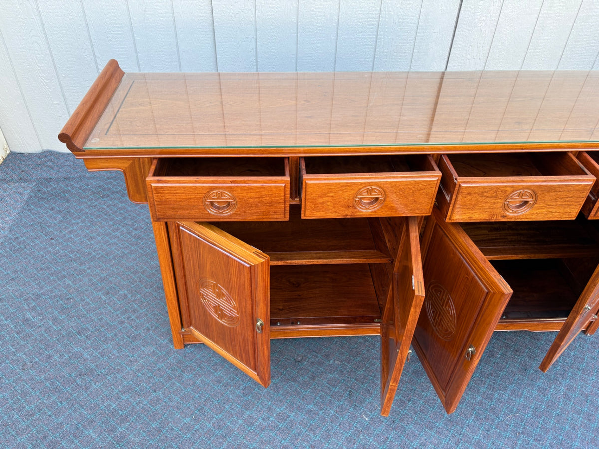 Mid-Century Oriental Sideboard with Glass Top and Carved Details