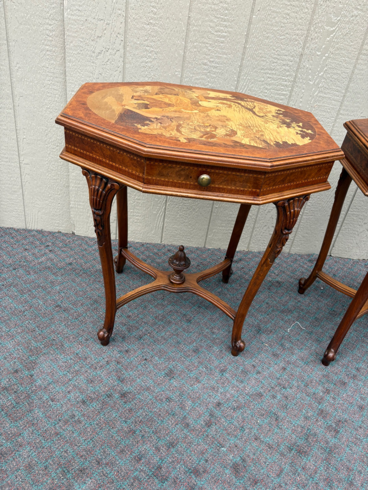 68062 Pair of Inlaid Octagonal Side Tables with Marquetry Scenes
