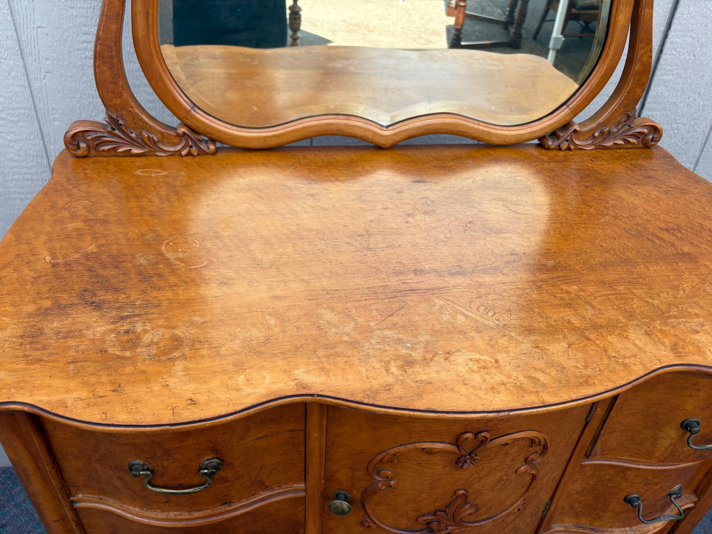 67995 Antique Highboy Dresser with Mirror, 1920s, Burl Wood