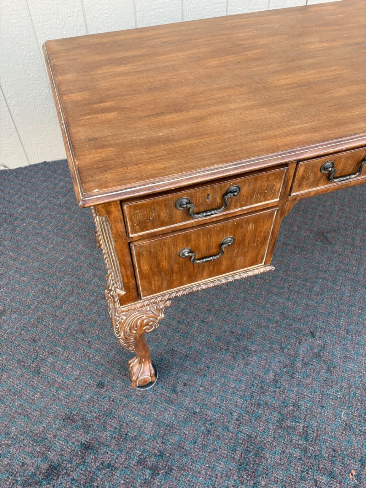 67389 Vintage Mahogany Writing Desk with Claw Feet and Brass Handles