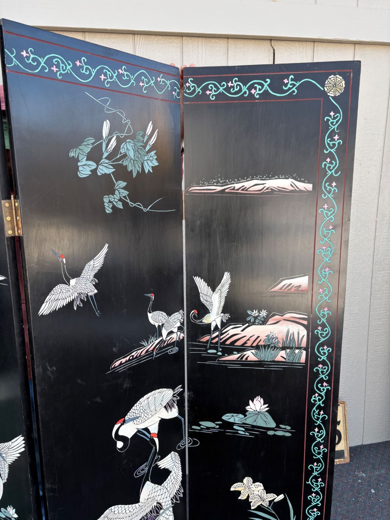 66277 Hand-Painted Oriental Folding Screen with Crane Motif