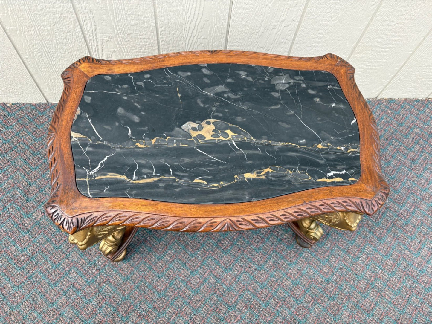 67619 Elegant Figural Carved Coffee Table with Marble Top Winged angel