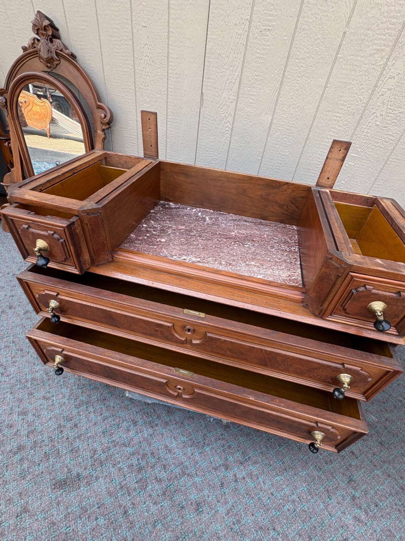 68016 Victorian Marble Top Dresser with Ornate Mirror and Drawers