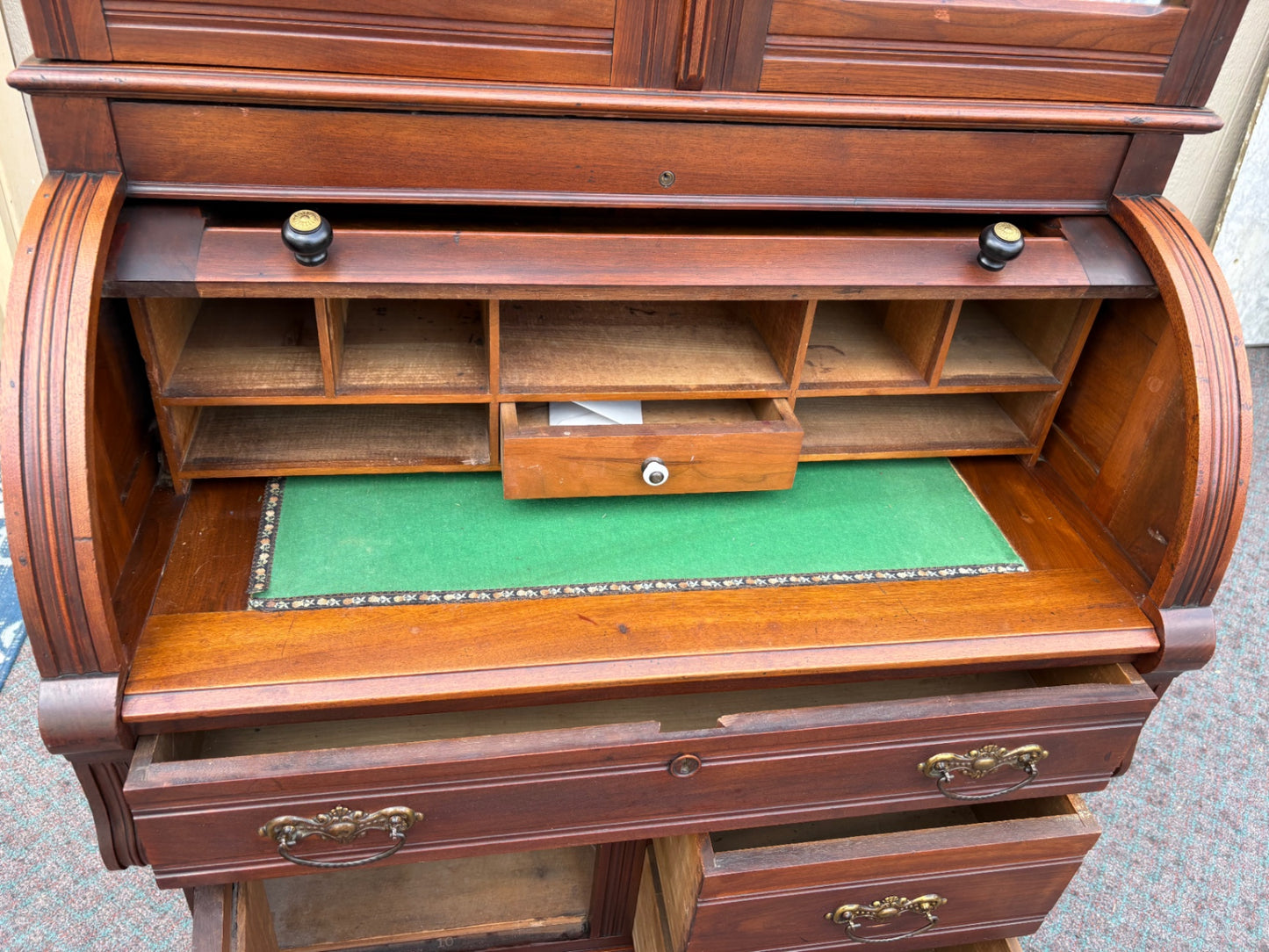 67934 Victorian Cylinder Secretary Desk with Display Cabinet