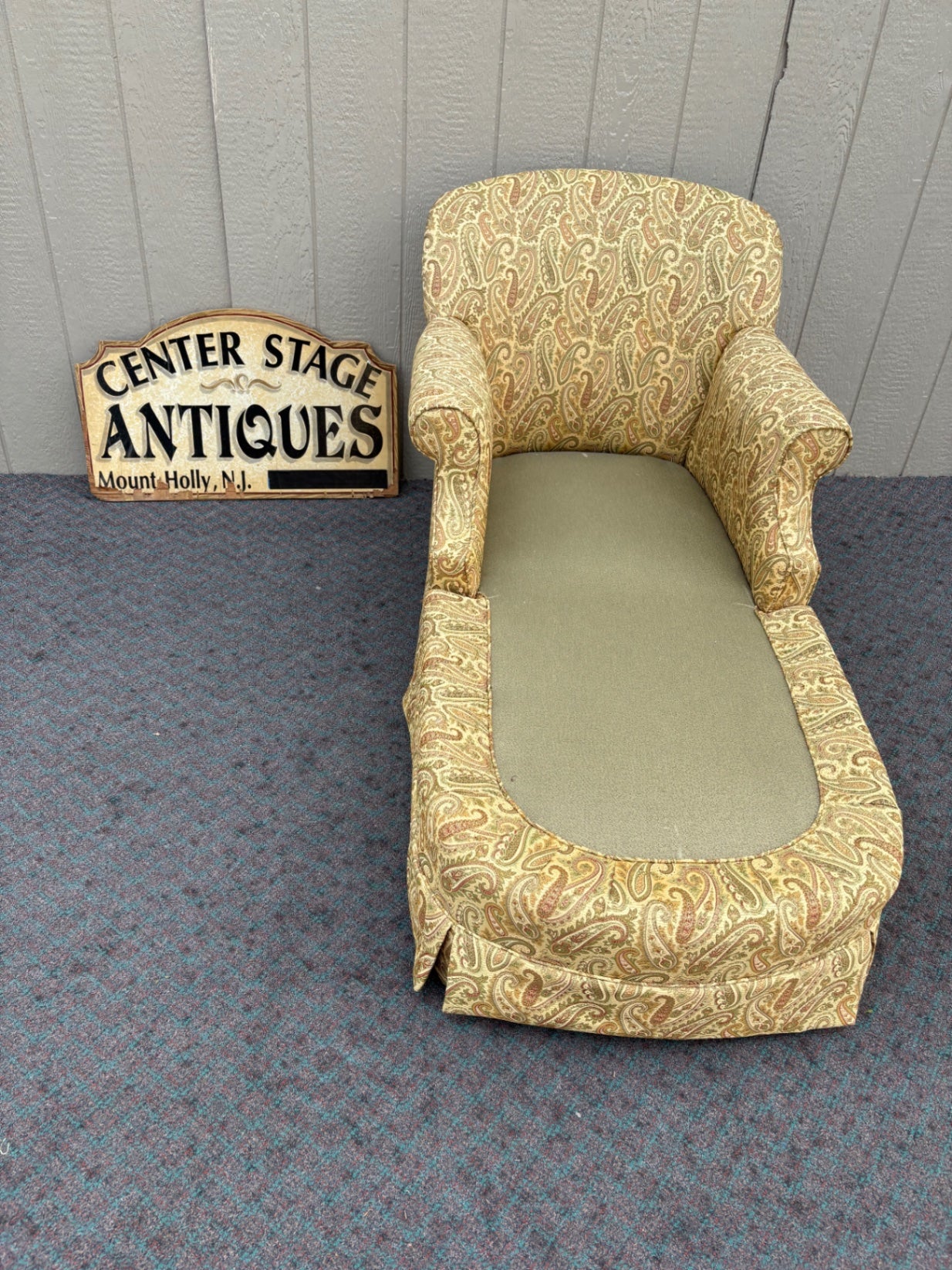 67931 Vintage Upholstered Fainting Couch with Paisley Pattern Fabric
