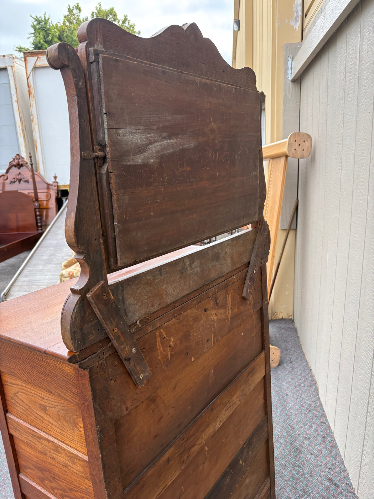68120 Victorian Oak High Chest with Mirror and Carved Details