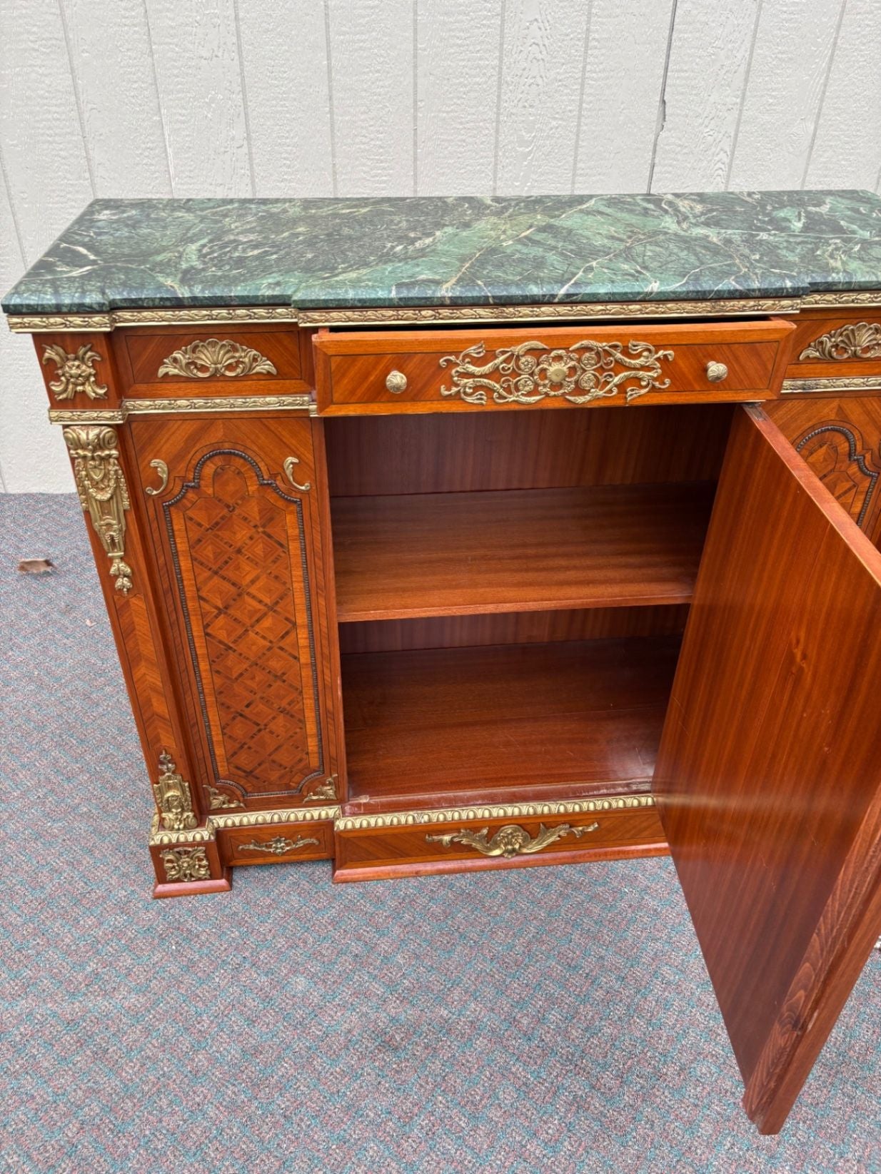 67520 Ornate French Style Marble Top Sideboard with Inlay and Gilt Details