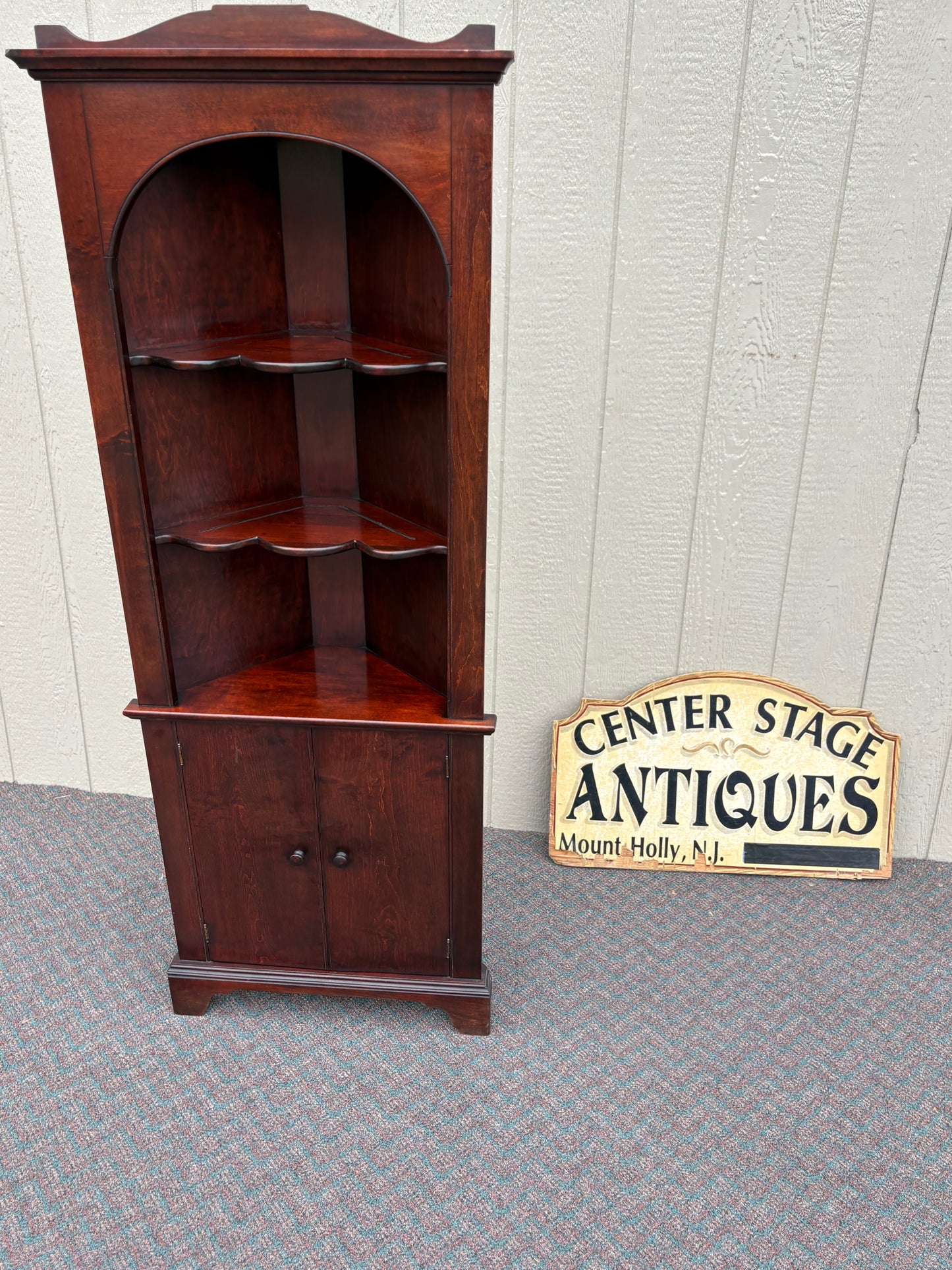 67724 Cherry Finish Corner Shelf Cabinet with Arched Shelving