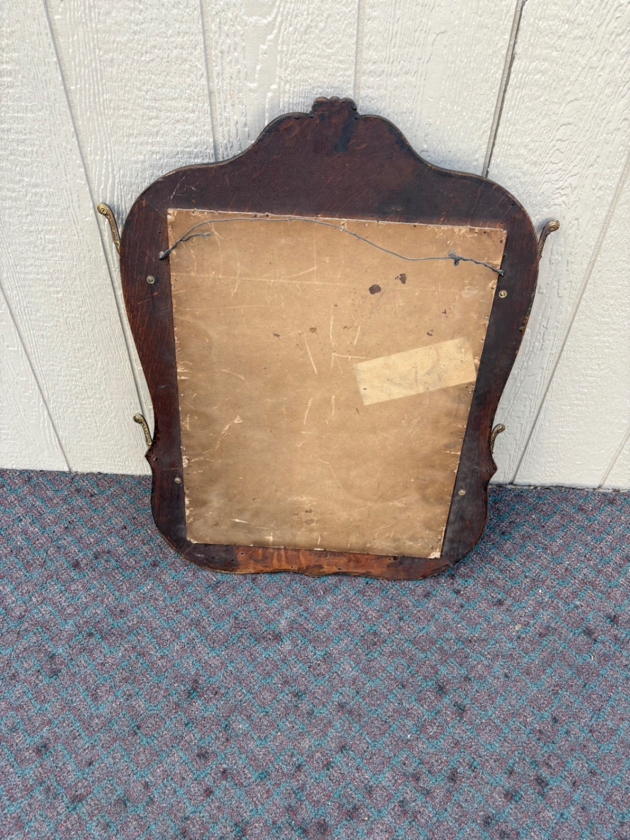 67988 Antique Victorian Oak Mirror Hat Rack with Ornate Brass Hooks