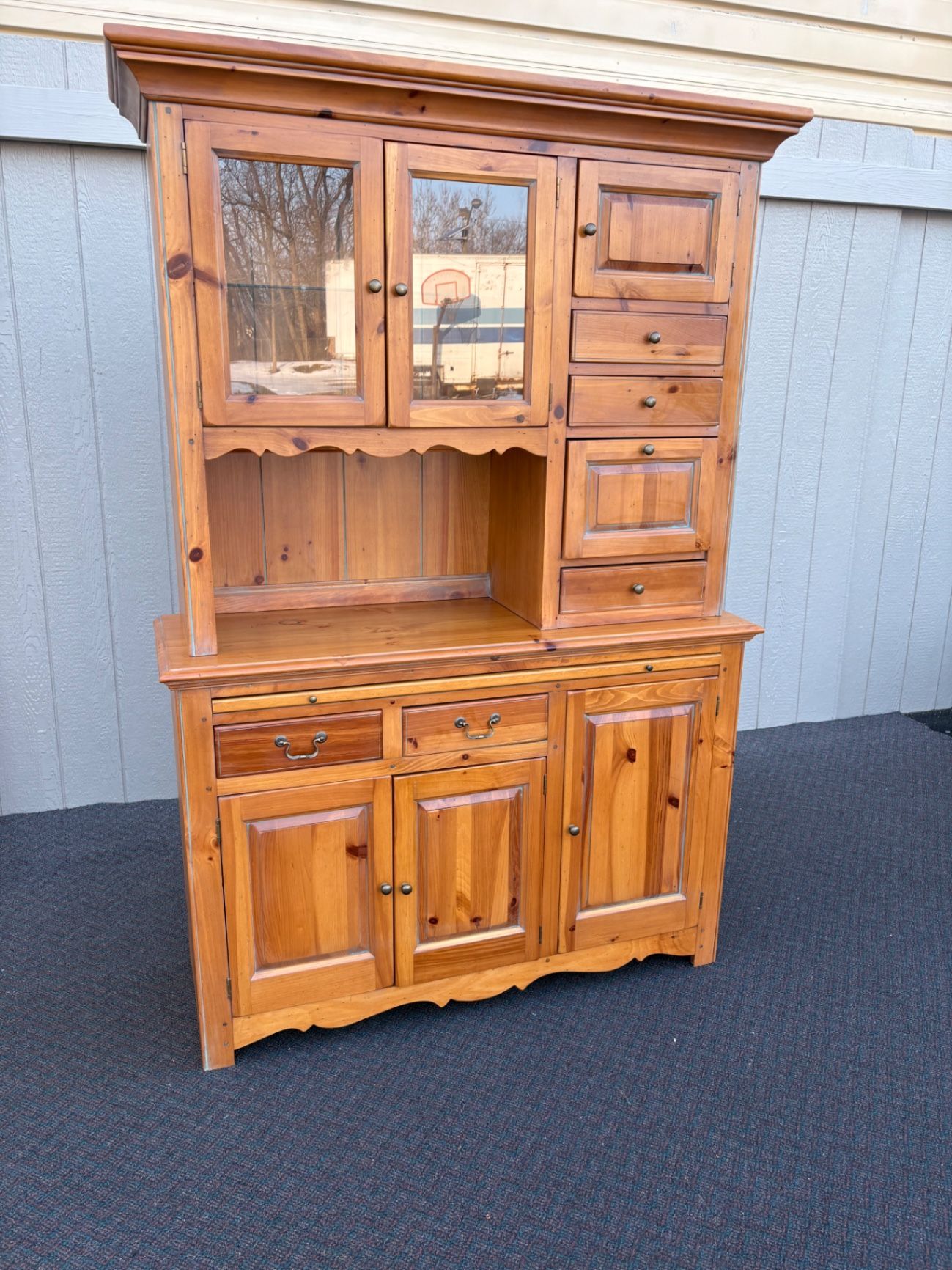 67501 Vintage Pine Two-Piece Cupboard Cabinet with Glass Doors
