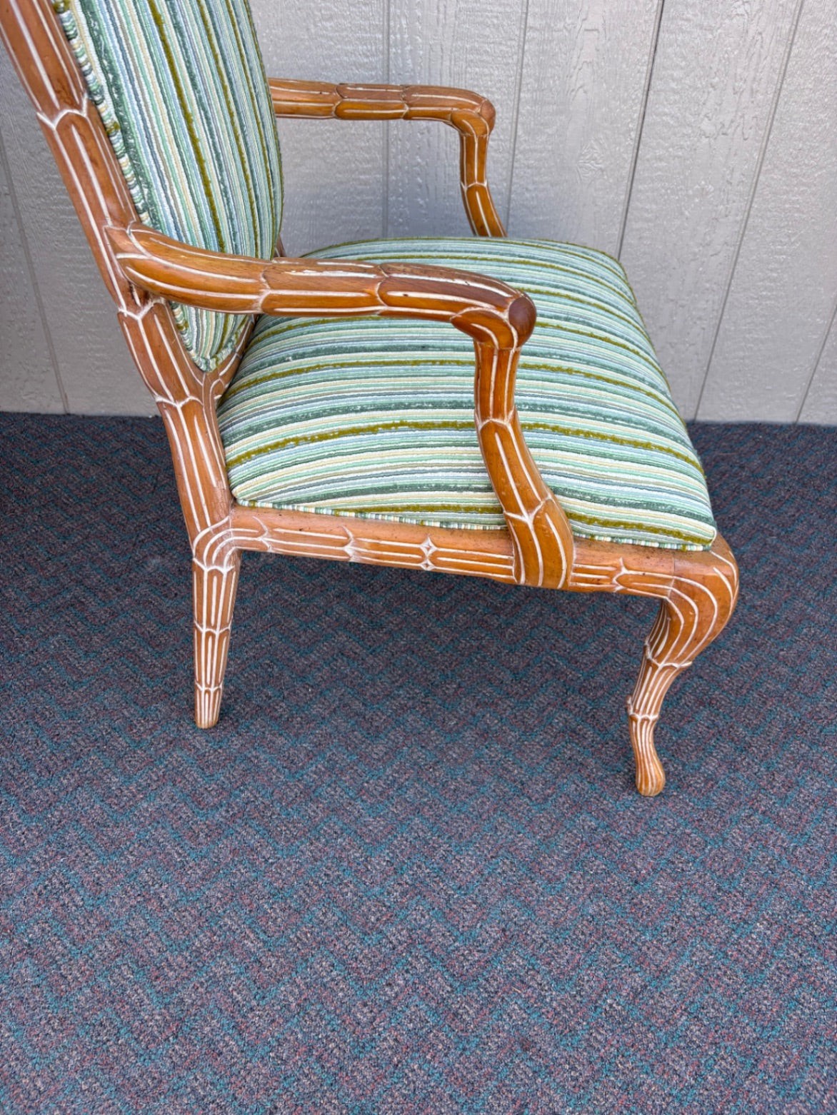 67613 Pair of Vintage Rattan Armchairs with Striped Upholstery