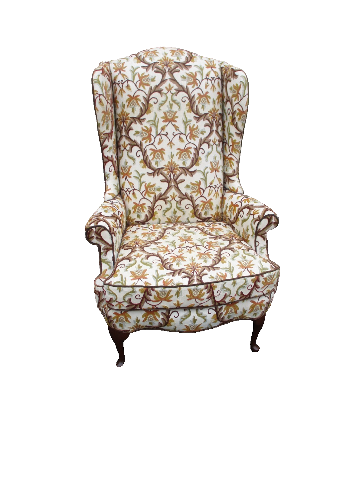 64184 Pair HICKORY Furniture Crewel Embroidered Queen Anne Wing Chair s