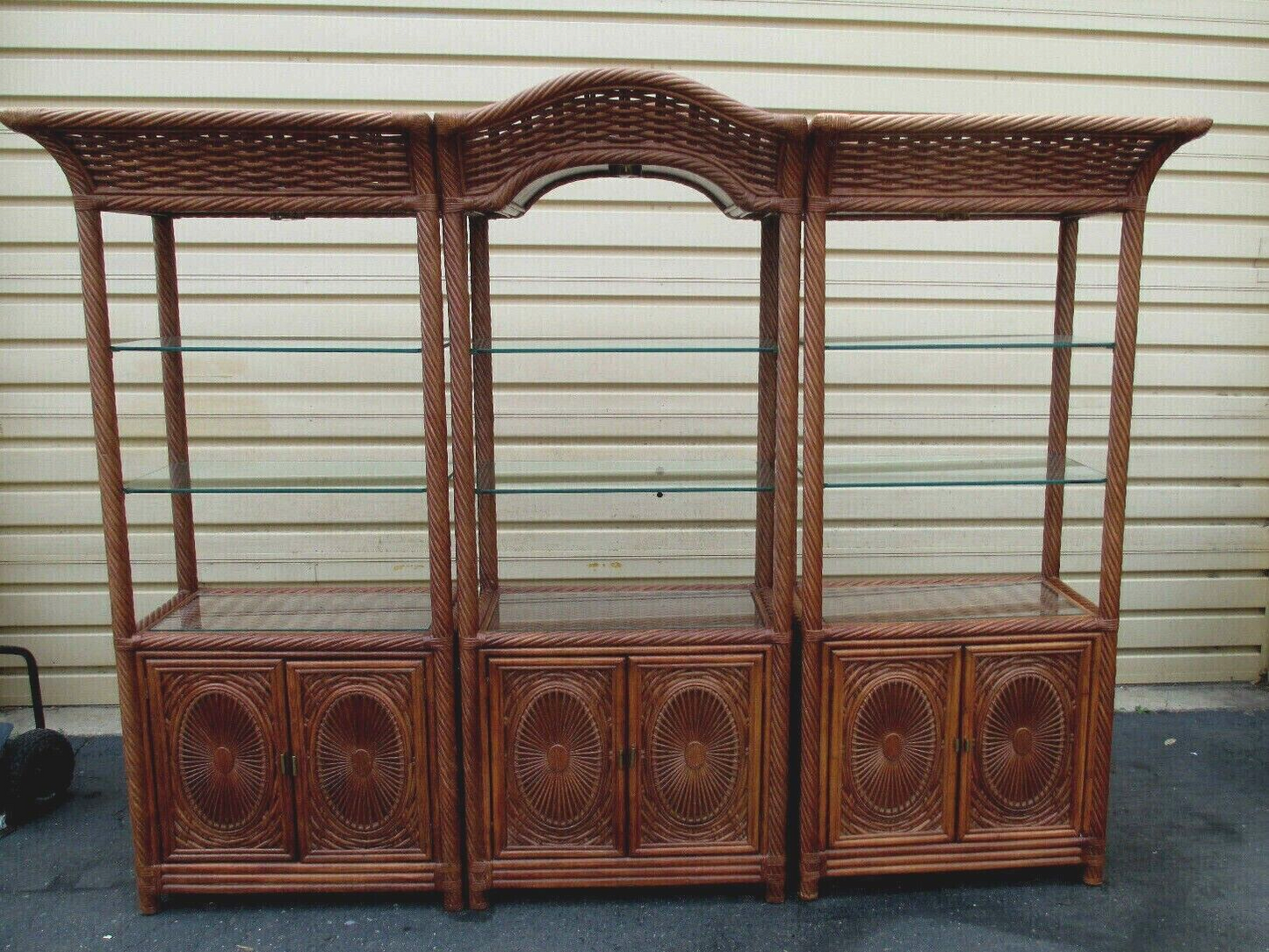 52179 Tommy Bahama ?? 3 SECTION Curio Cabinet Wicker Wall Unit Bookcase