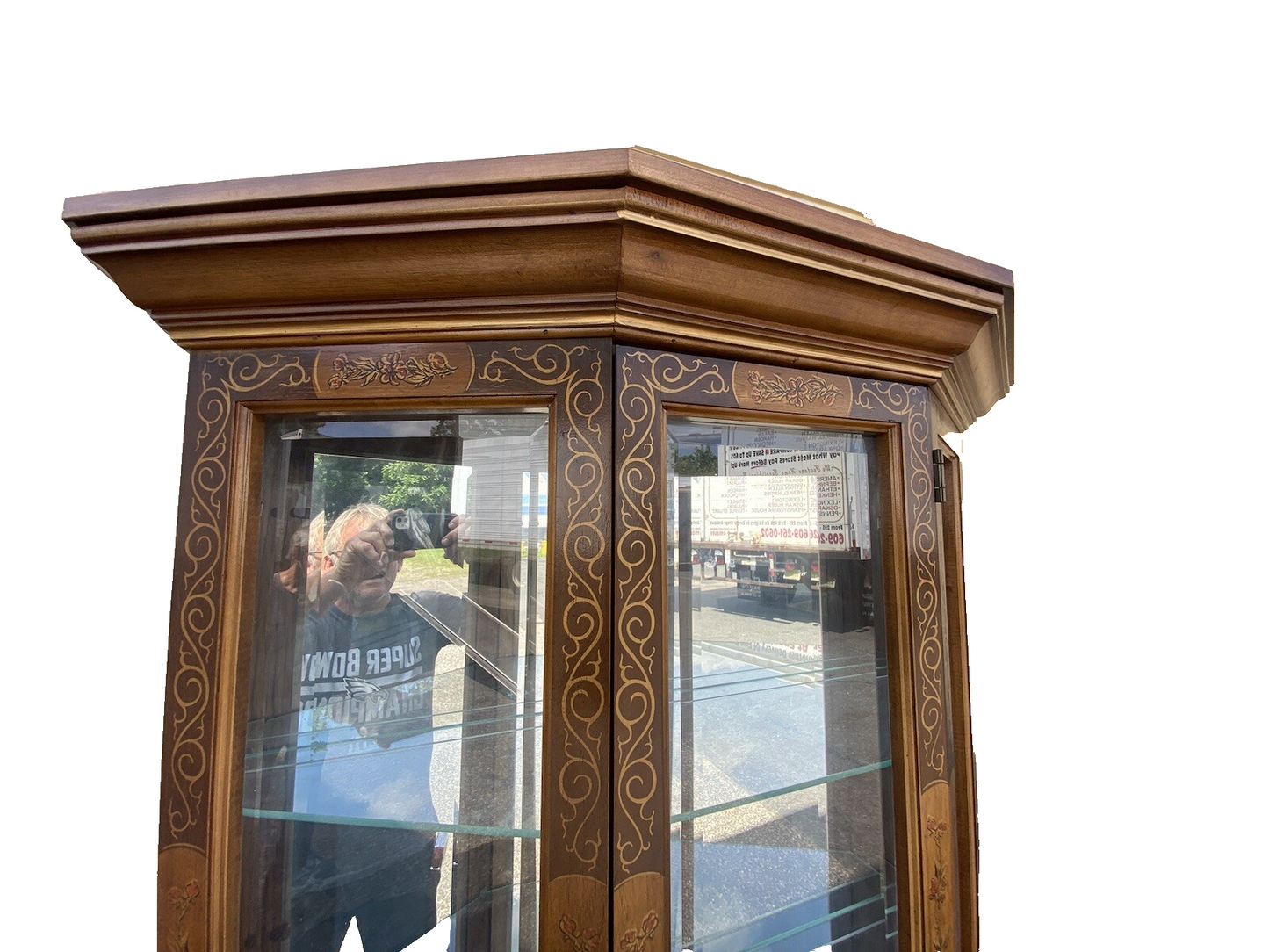 64593 Pulaski Stenciled Lighted Curio Cabinet With Plate Glass Shelves + Light