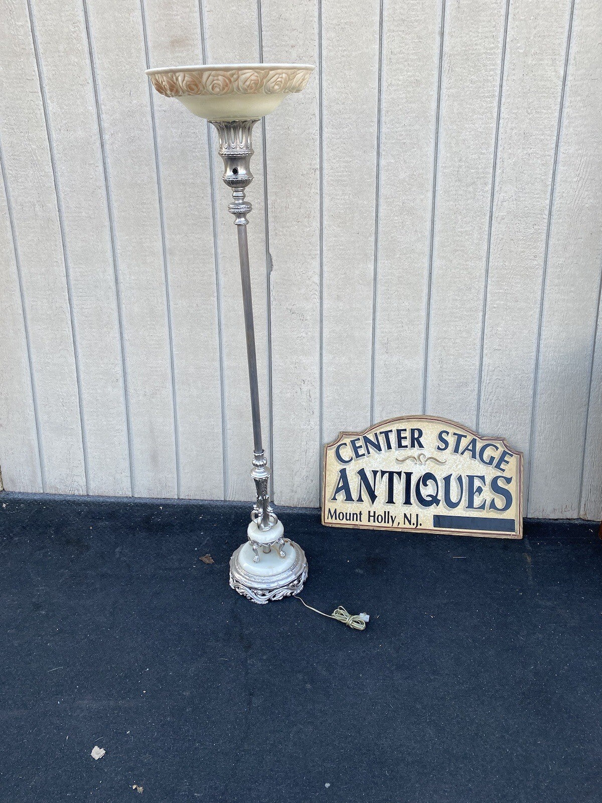 65030 Antique Torch Lamp with glass shade and onyx base