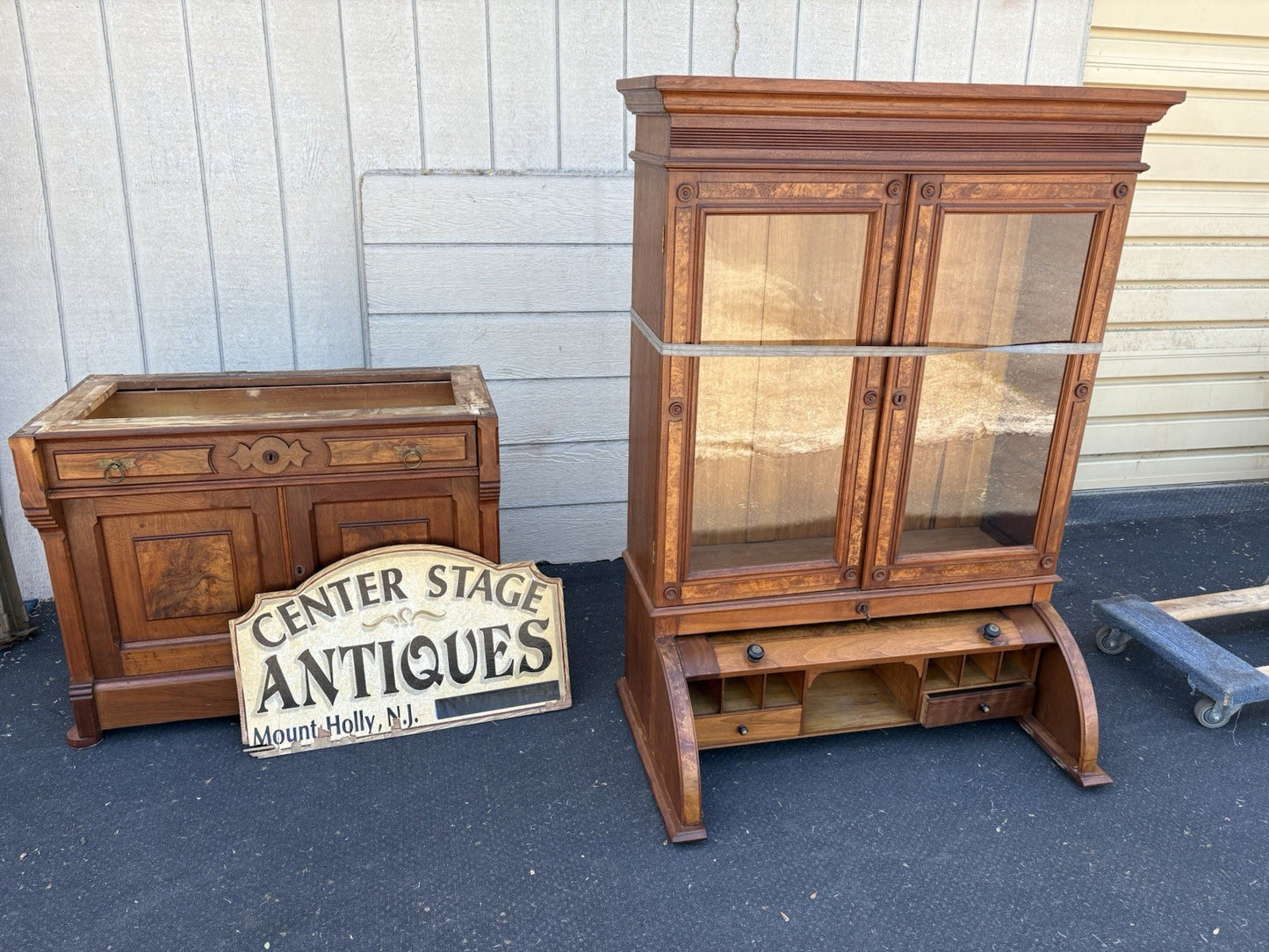 66644 Antique Victorian Walnut Cylinder Desk with Bookcase Top