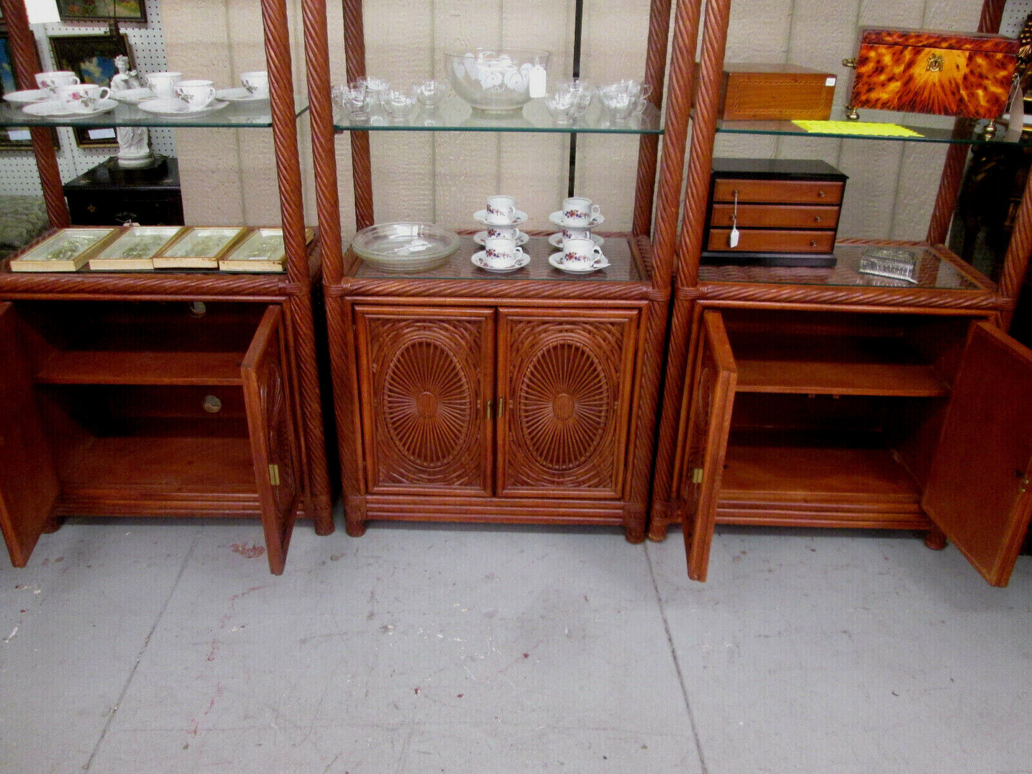 52179 Tommy Bahama ?? 3 SECTION Curio Cabinet Wicker Wall Unit Bookcase