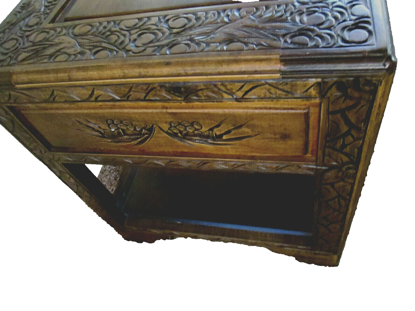 54174 CARVED ORIENTAL TABLE WITH DRAWER Bird carvings