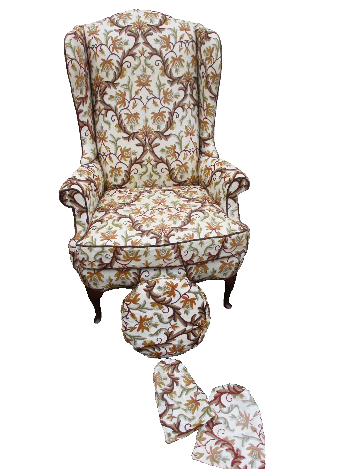64184 Pair HICKORY Furniture Crewel Embroidered Queen Anne Wing Chair s