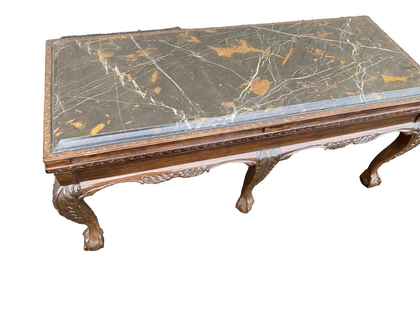 66574 Marble Top Mahogany Coffee Table with Claw Feet