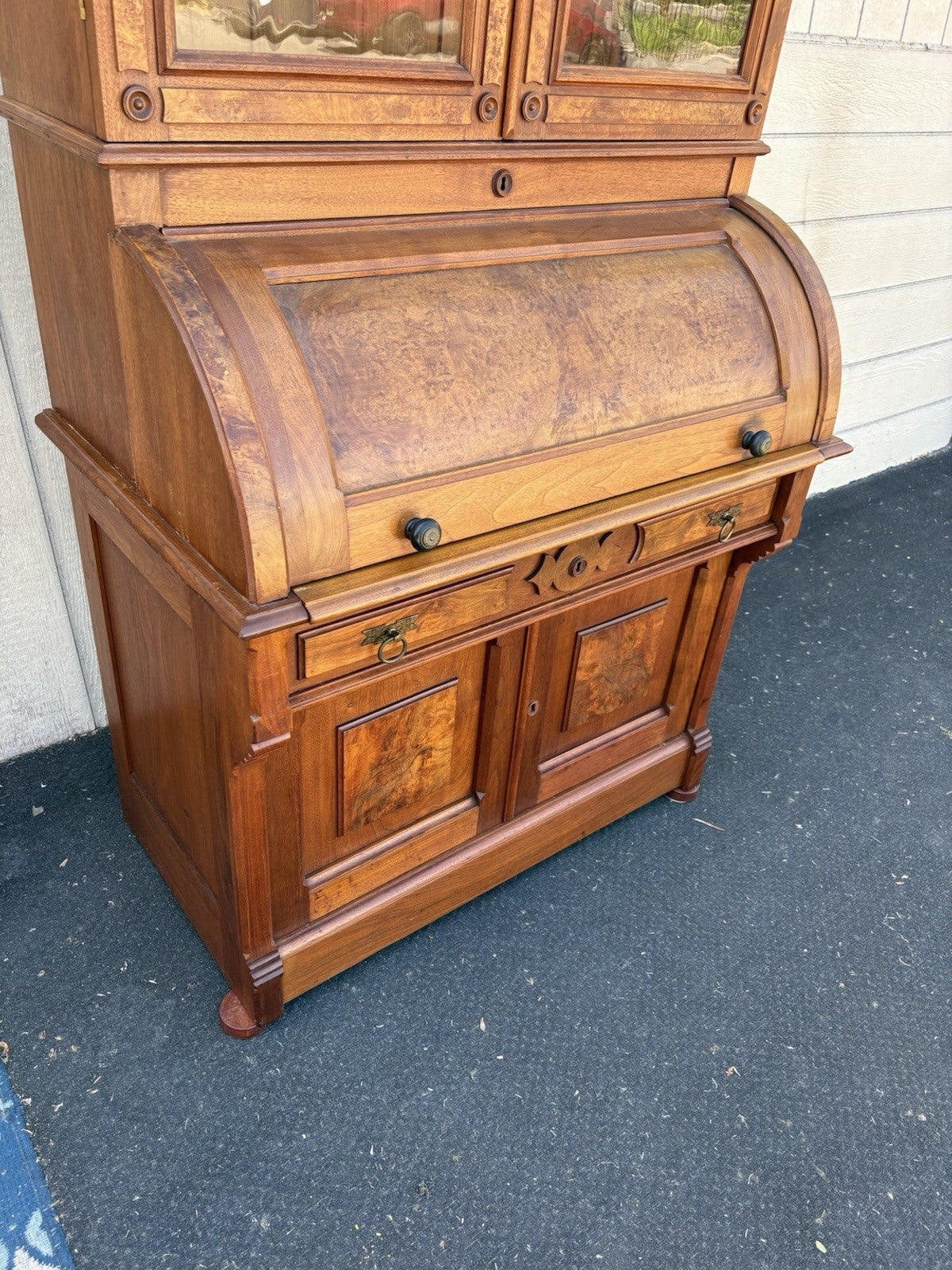 66644 Antique Victorian Walnut Cylinder Desk with Bookcase Top