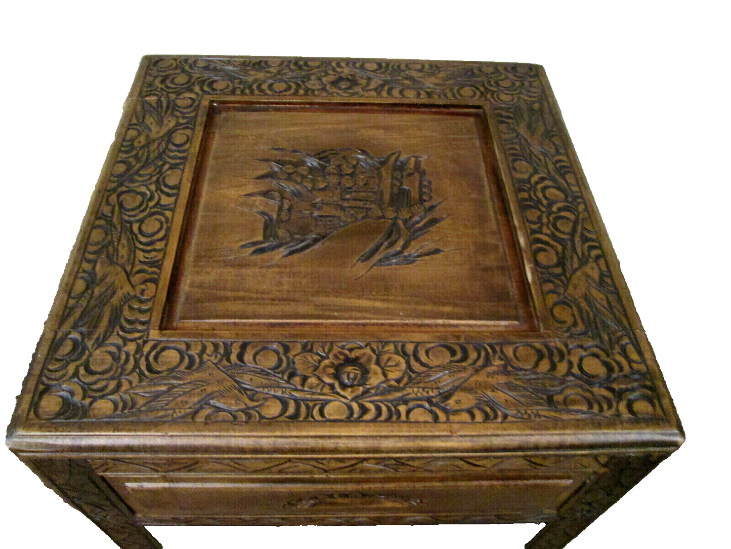 54174 CARVED ORIENTAL TABLE WITH DRAWER Bird carvings
