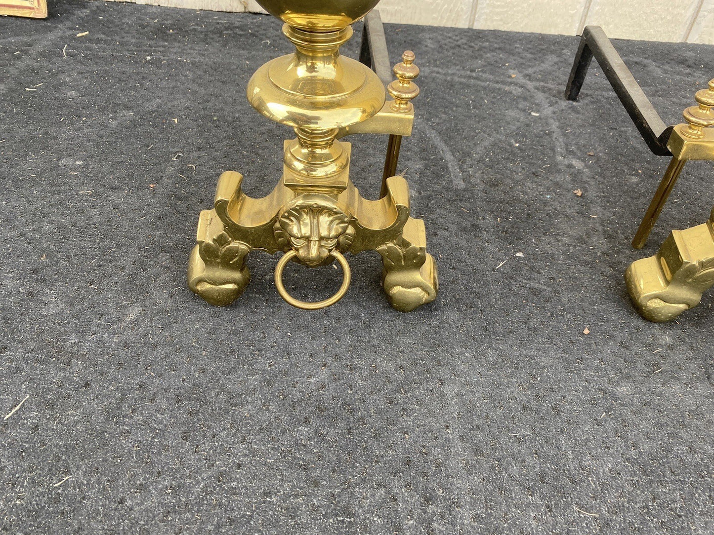 64828 Pair Heavy Polished Brass Fireplace Lion Face Fireplace Mantel Andirons