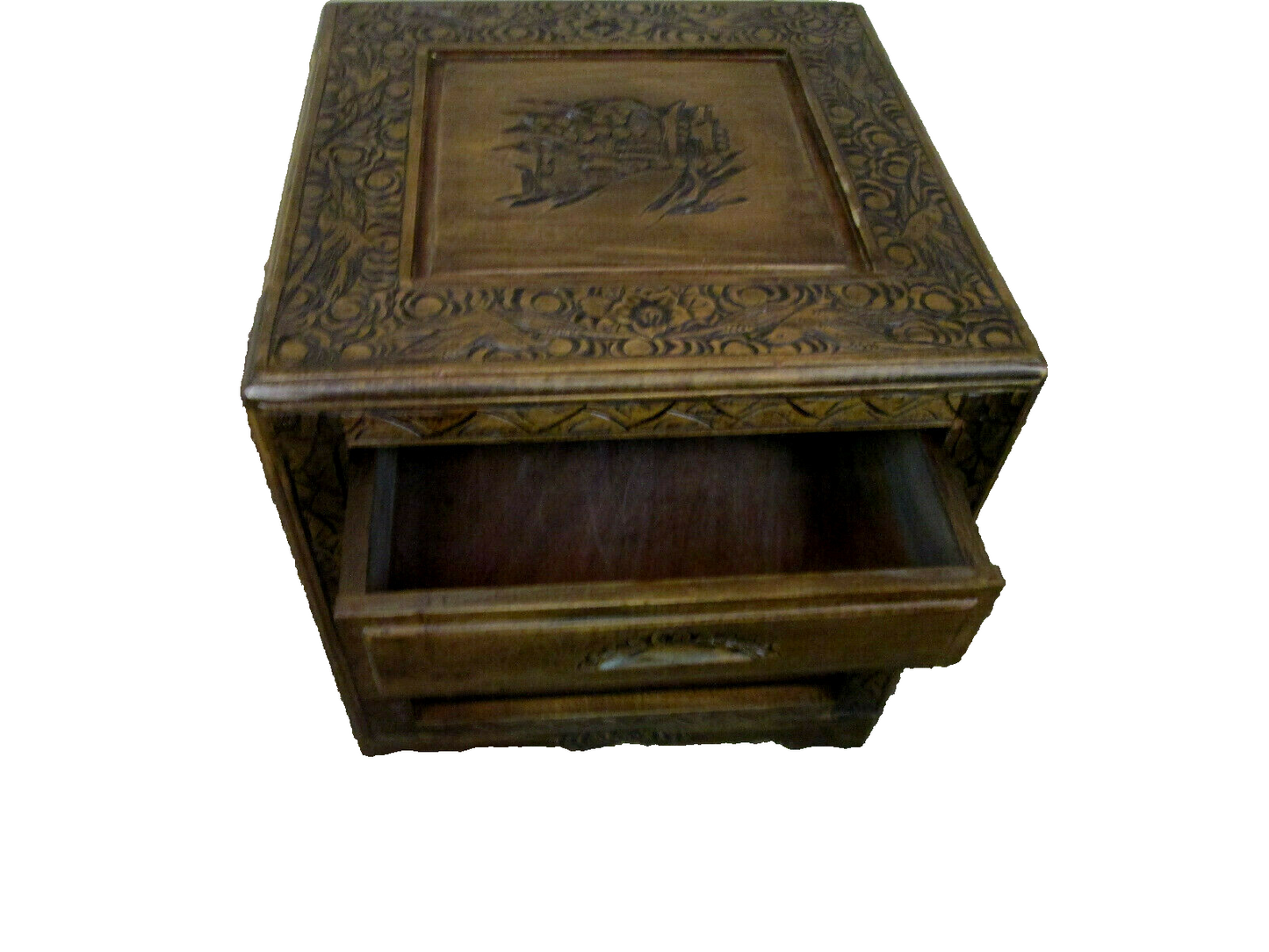 54174 CARVED ORIENTAL TABLE WITH DRAWER Bird carvings