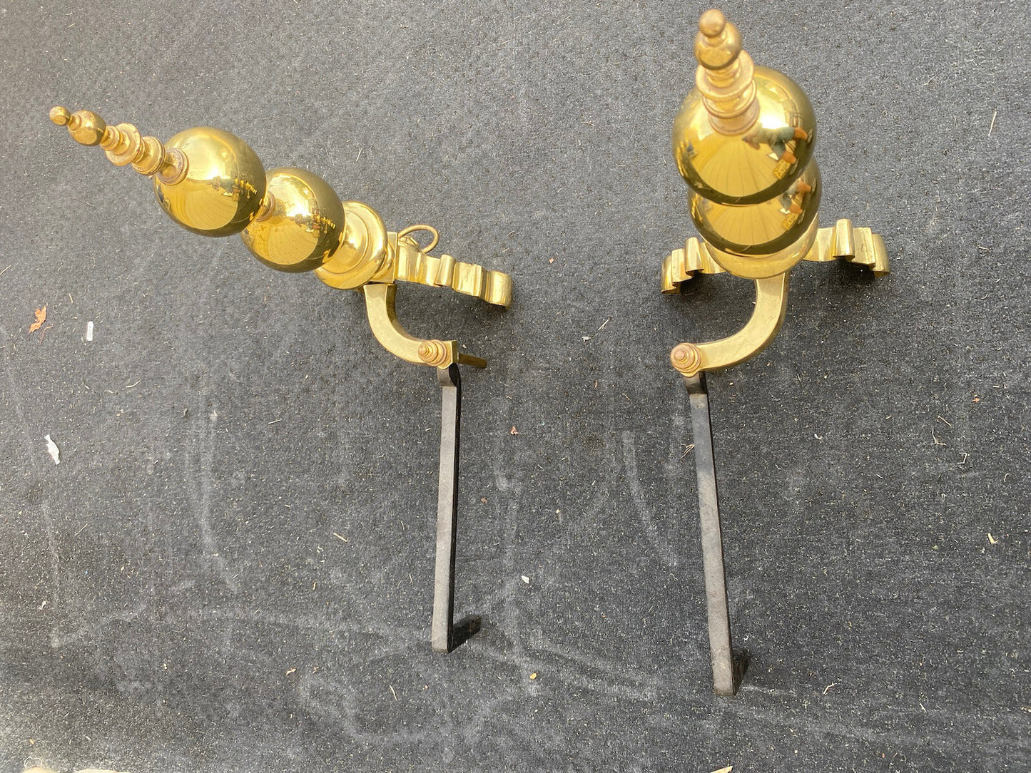 64828 Pair Heavy Polished Brass Fireplace Lion Face Fireplace Mantel Andirons