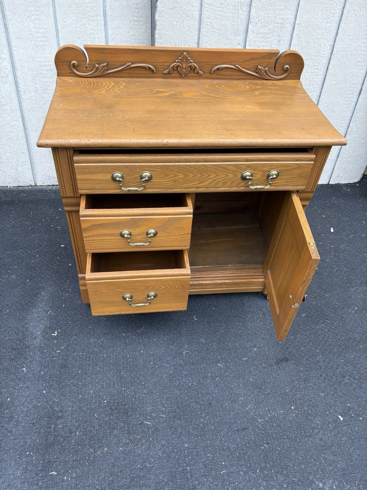 66730 Antique Victorian Oak Washstand Dresser Chest with Carved Backsplash
