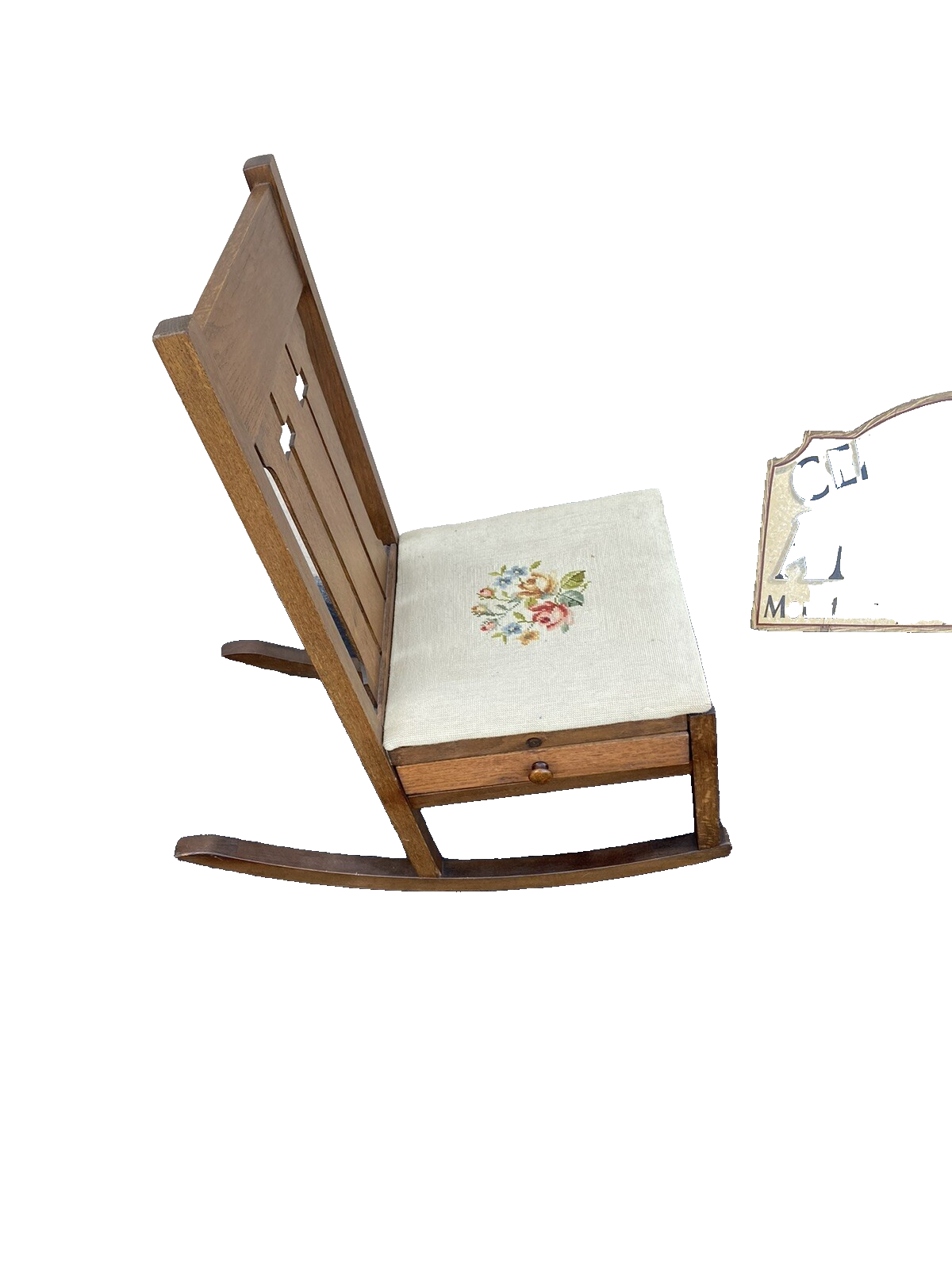 64507 Mission Oak Rocking Rocker Chair w/ Sewing Drawer + Needlepoint seat