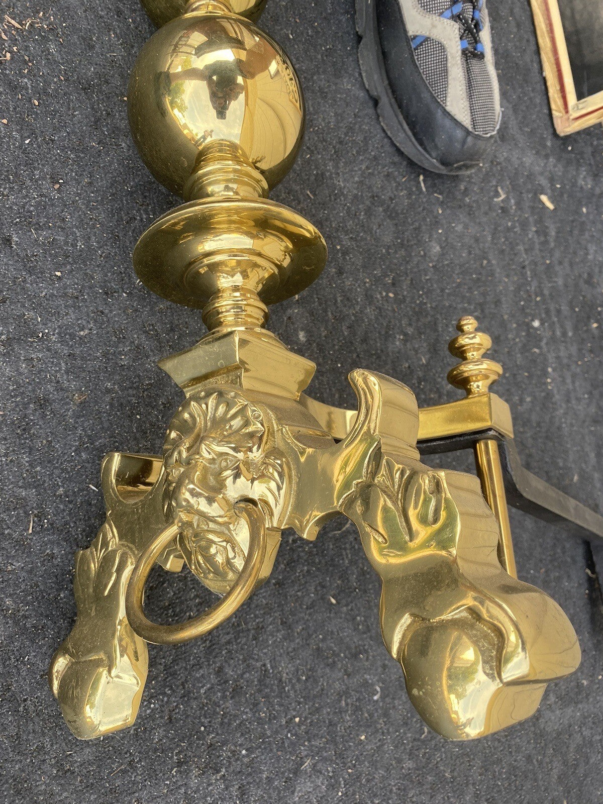 64828 Pair Heavy Polished Brass Fireplace Lion Face Fireplace Mantel Andirons