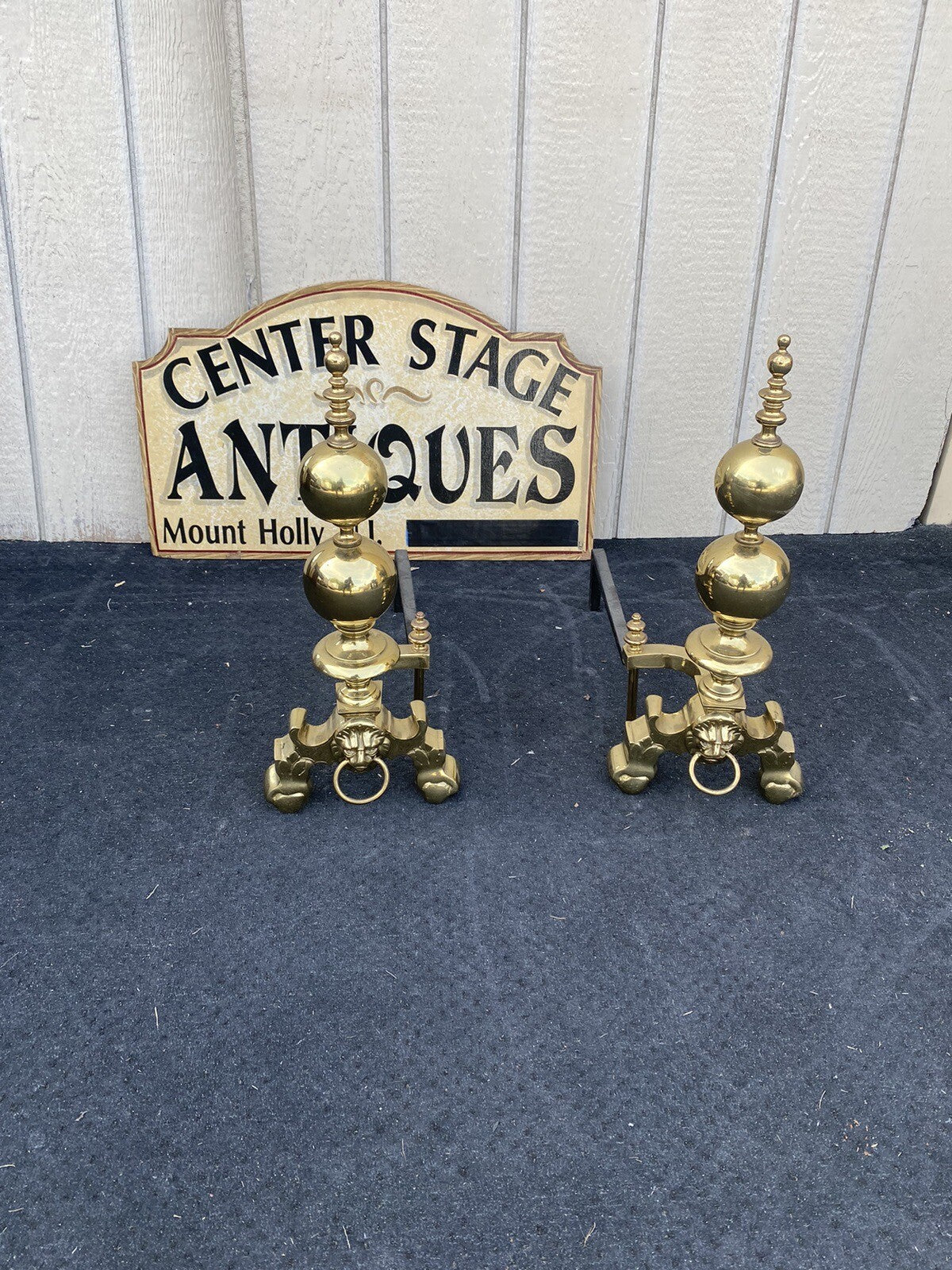 64828 Pair Heavy Polished Brass Fireplace Lion Face Fireplace Mantel Andirons