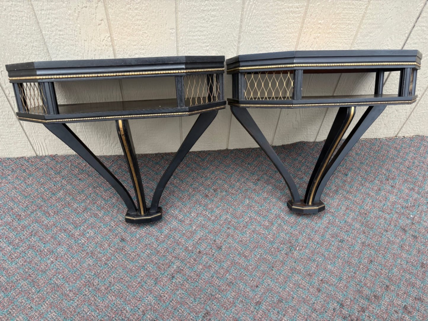 67859 Pair of Vintage Black Wall Shelves with Gold Accents and Decoupage