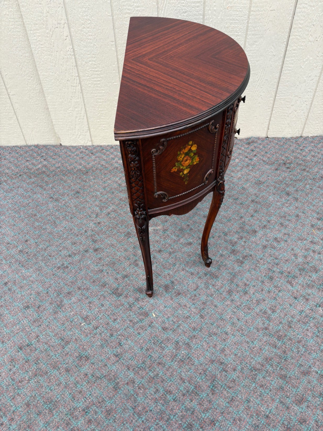 67966 Hand-Painted Demilune Chest with Floral Accents, Mahogany Finish