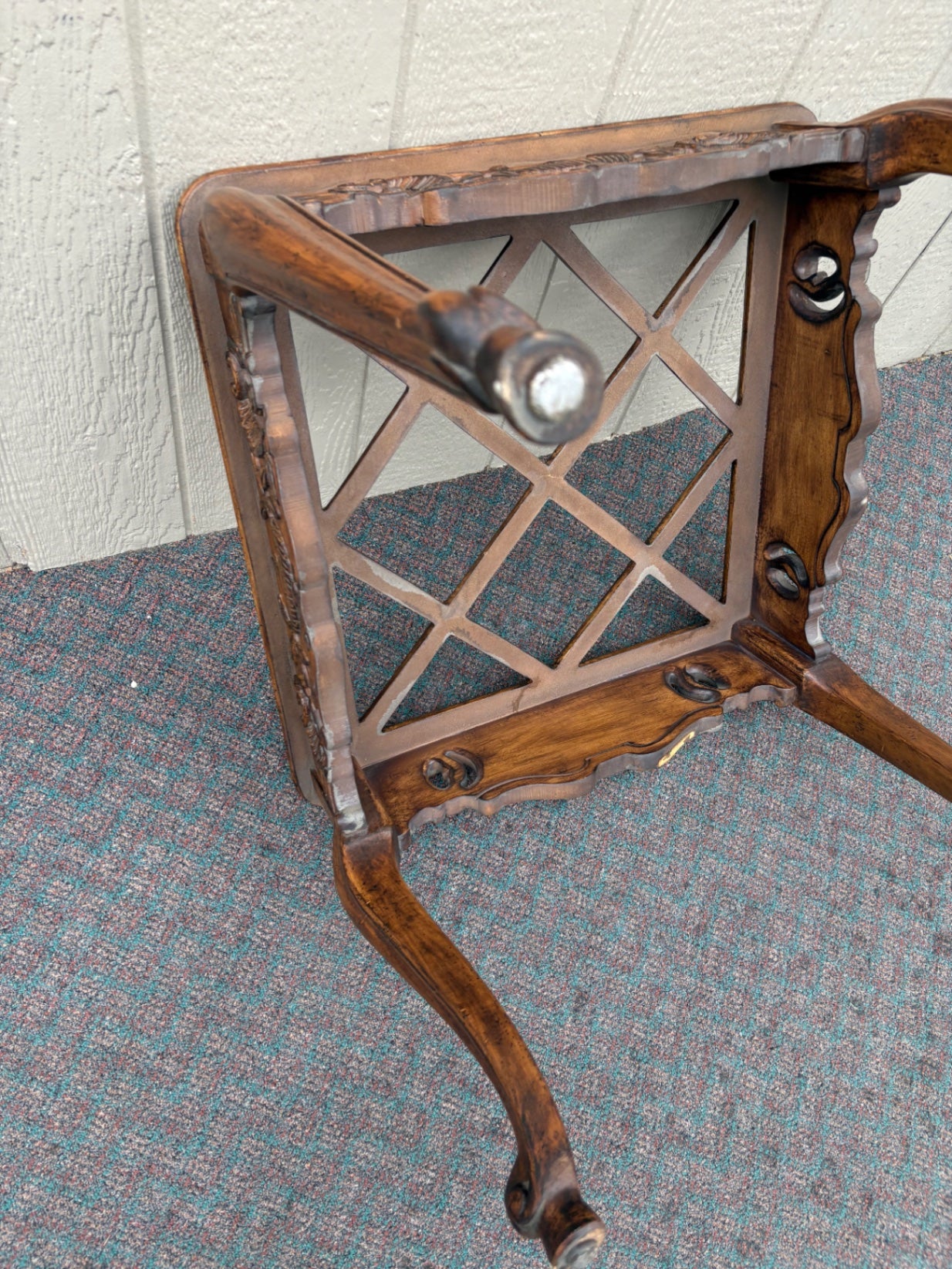 67879 Vintage French Provincial Glass Top End Table with Carved Details