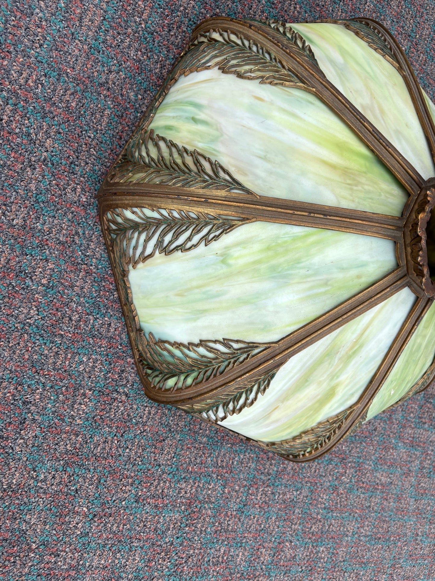 67742 Victorian Slag Glass Lampshade with Ornate Metalwork