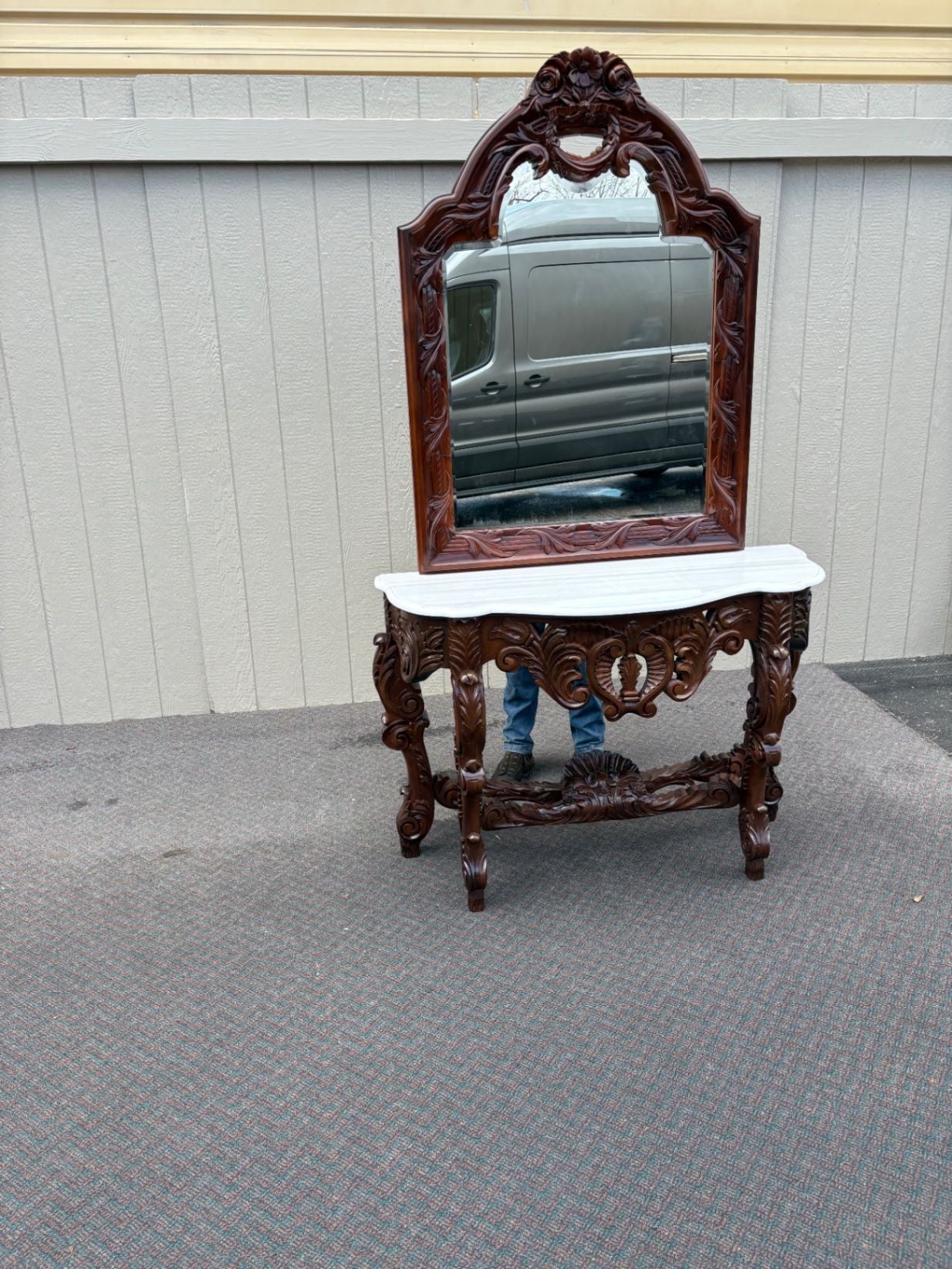 67574 Solid Mahogany Marble Top Console Table with Ornate Mirror