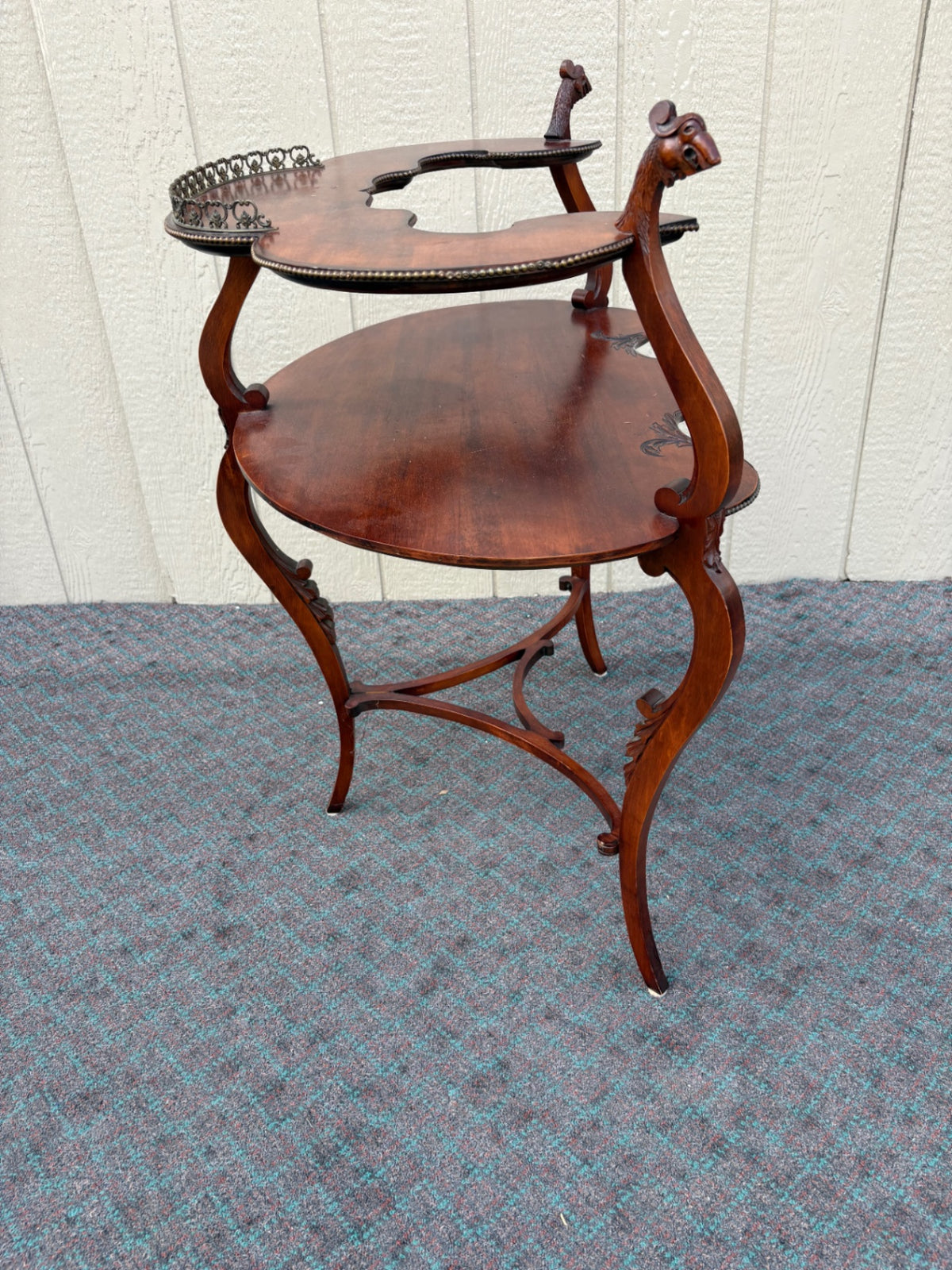 68106 Mahogany Two-Tier Figural Table with Ornate Carvings