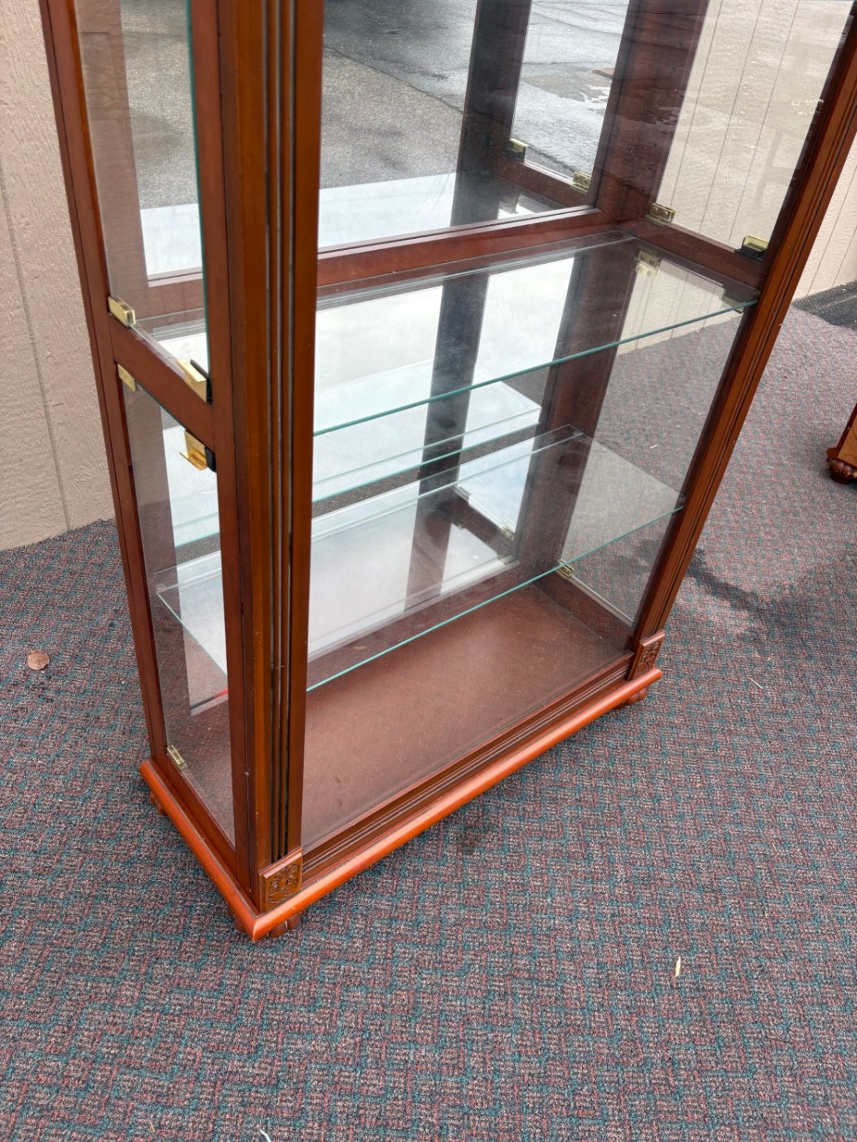 67572 PAIR of Lighted Etched Glass Curio Cabinets with Wood Frame