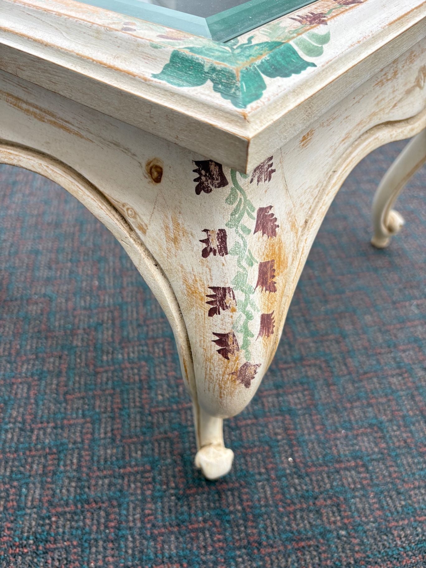61856 PAIR of French Provincial ITALIAN Hand Painted Glass Top End Tables