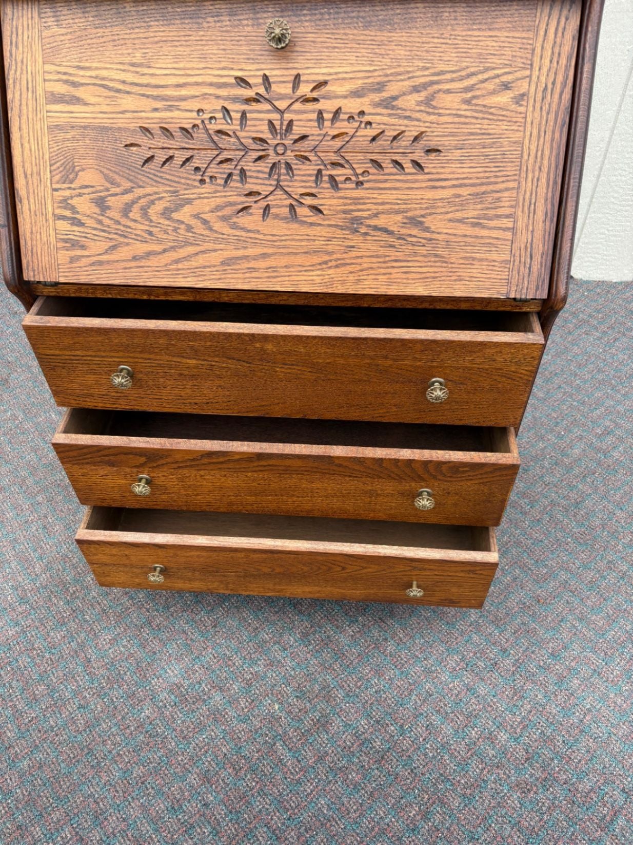 67561 Antique Oak Slant Front Desk with Mirror and Carved Details