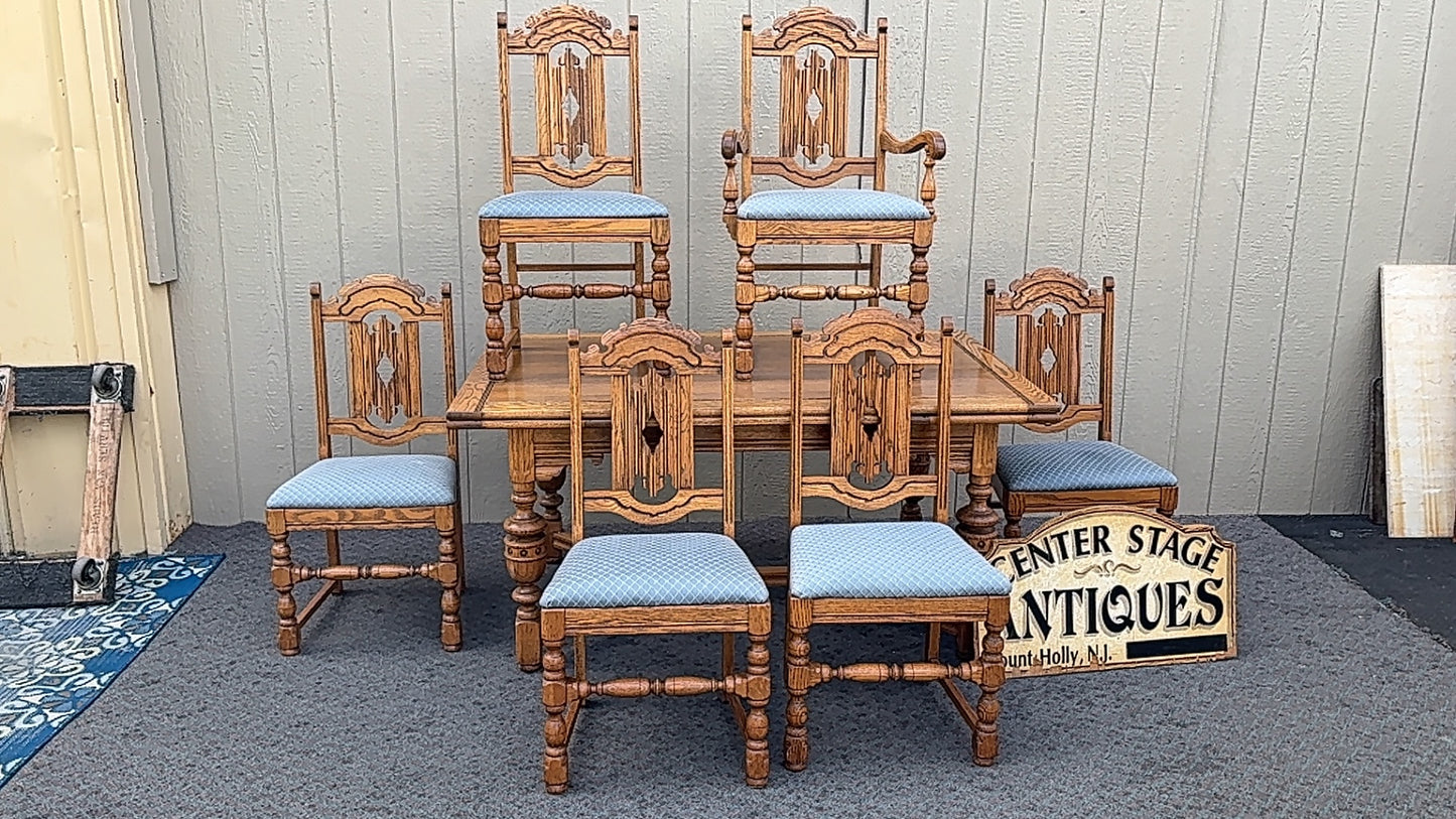 Oak Refractory Dining Table with Six Carved Chairs Set