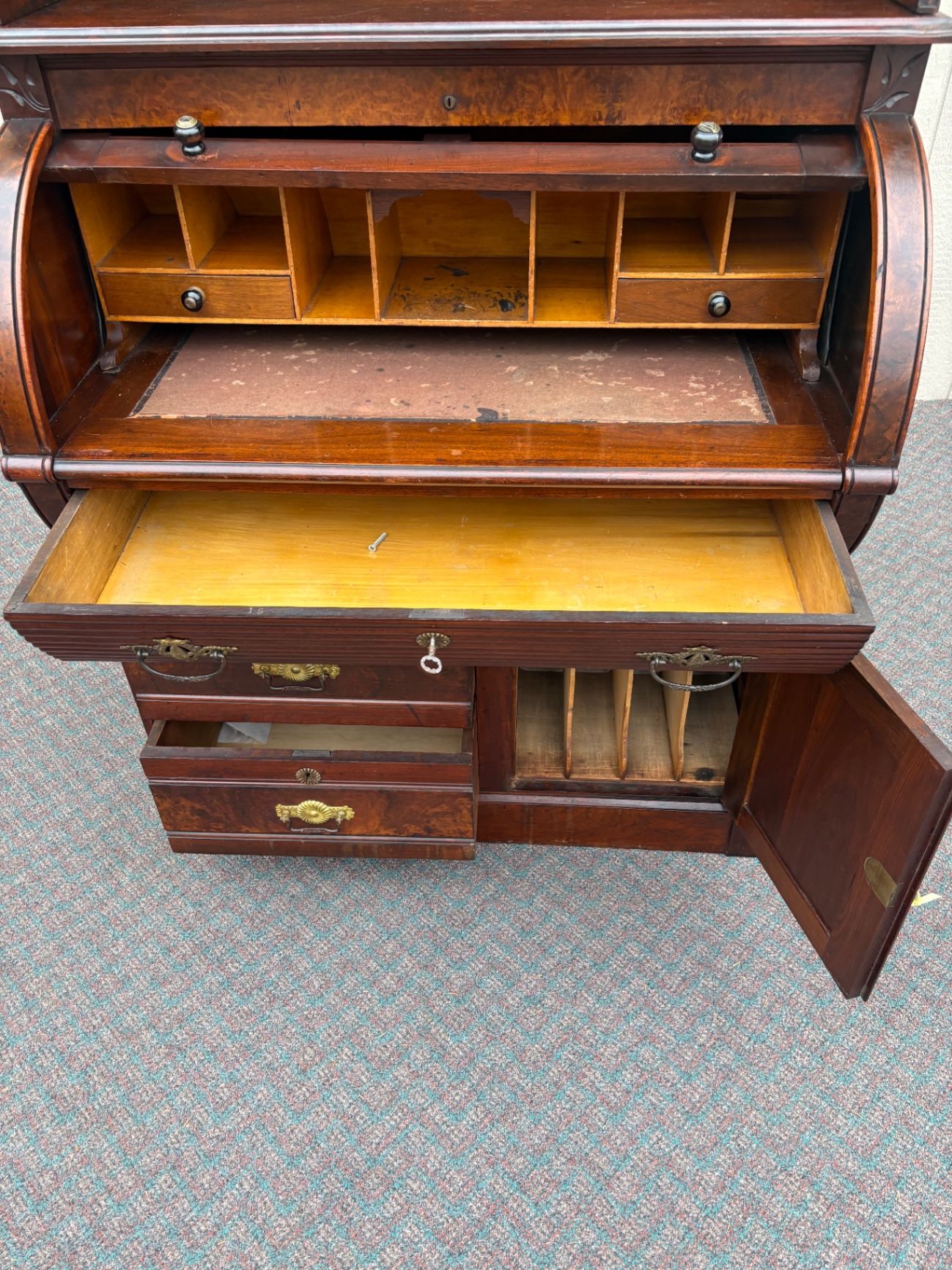 67689 Victorian Cylinder Secretary Desk with Glass Cabinet Top