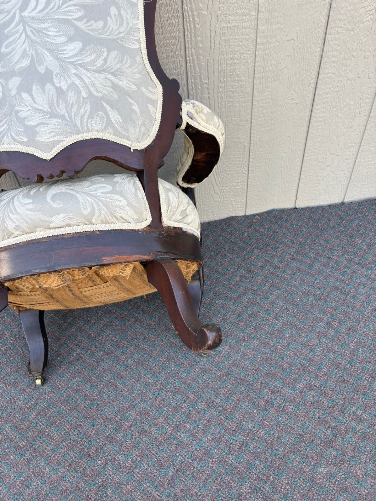 67760 Victorian Armchair with Ornate Carvings and Upholstery