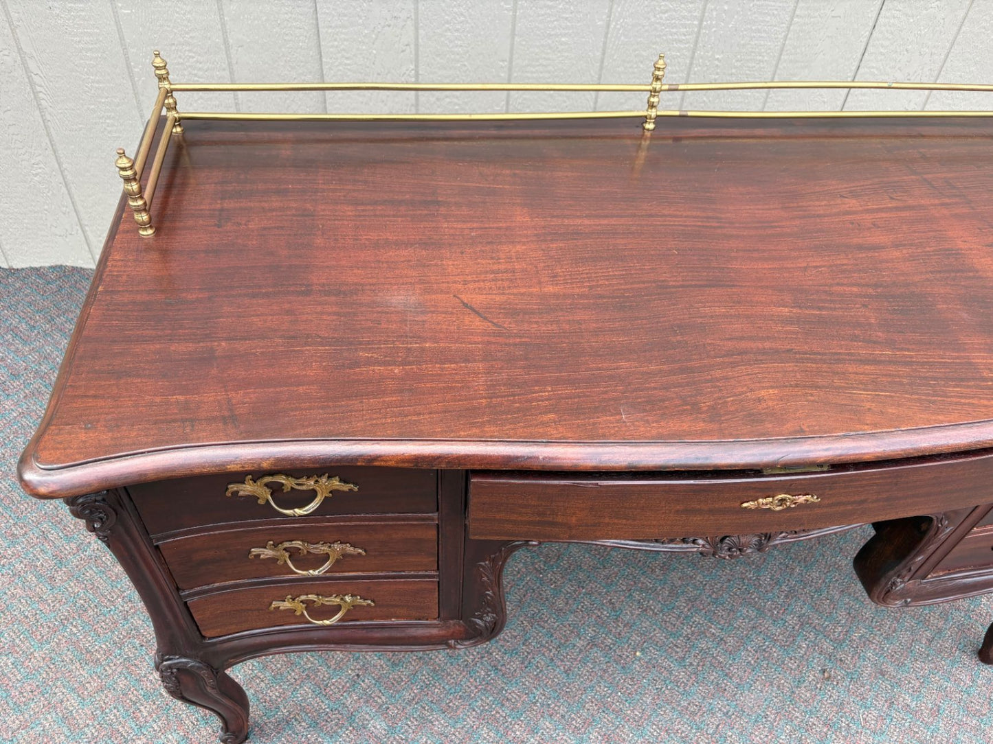 67605 Elegant French Louis XV Style Mahogany Writing Desk with Brass Rail