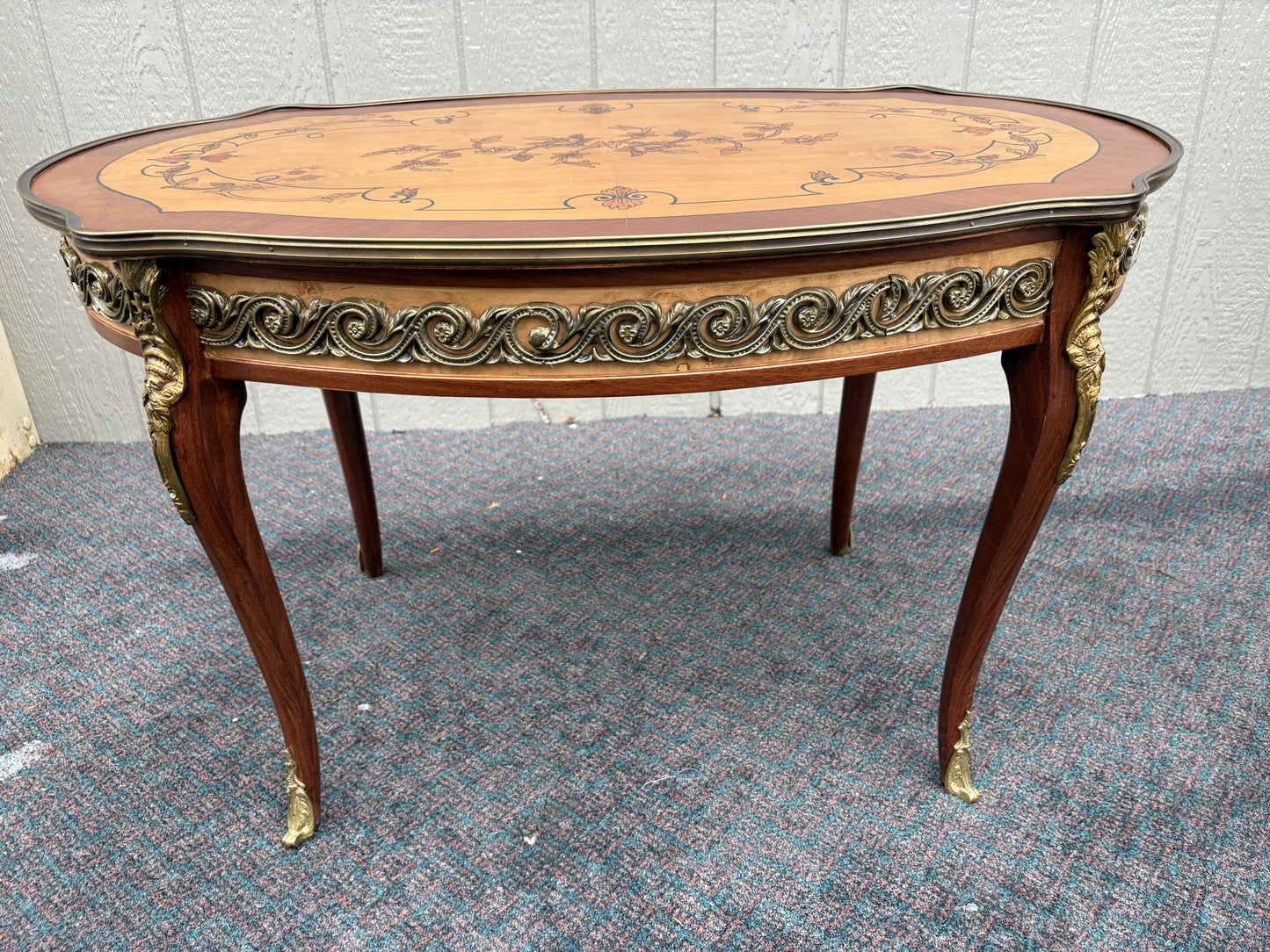 Elegant 1980s Louis XV Inlaid Coffee Table with Brass Accents