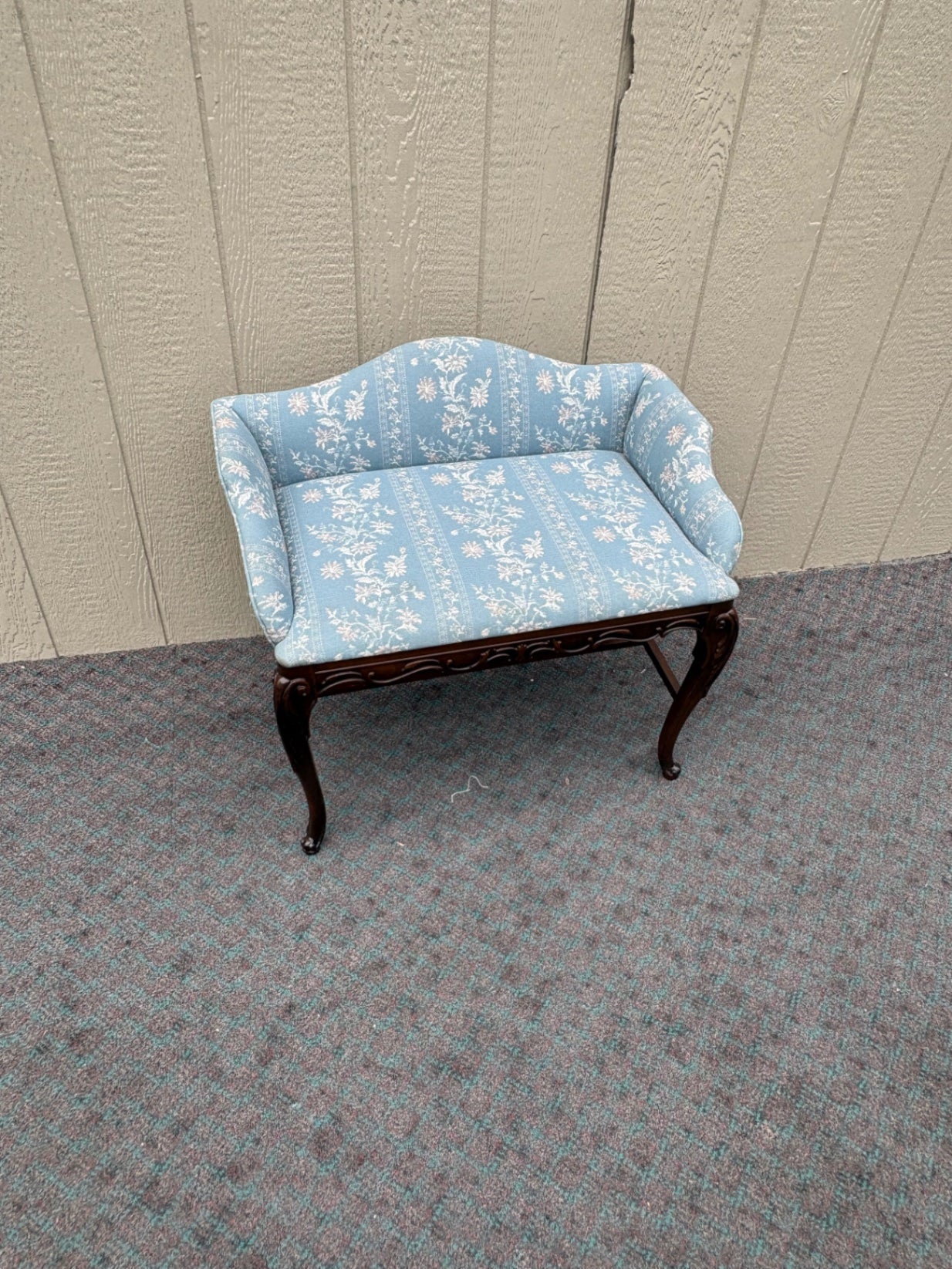 Vintage Carved Mahogany Vanity Bench with Blue Floral Upholstery