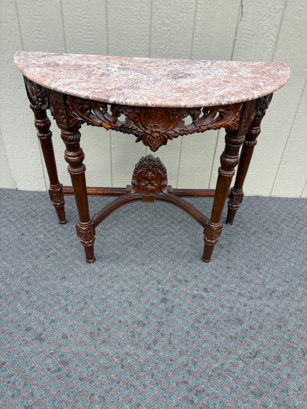 67674 Victorian Marble Top Demilune Console Table with Carved Mahogany