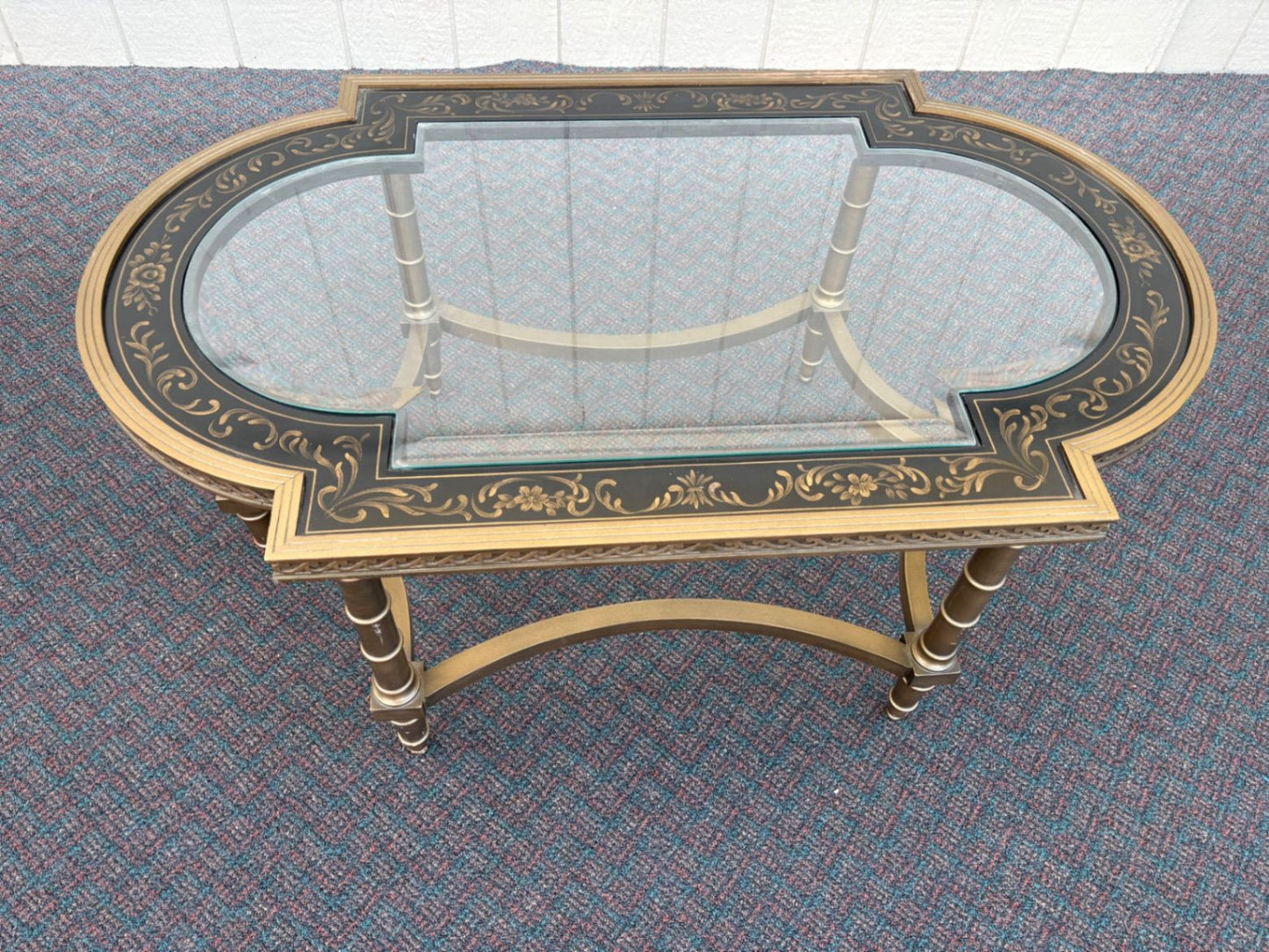 67498 Elegant Vintage Glass Top Coffee Table with Stenciled Design